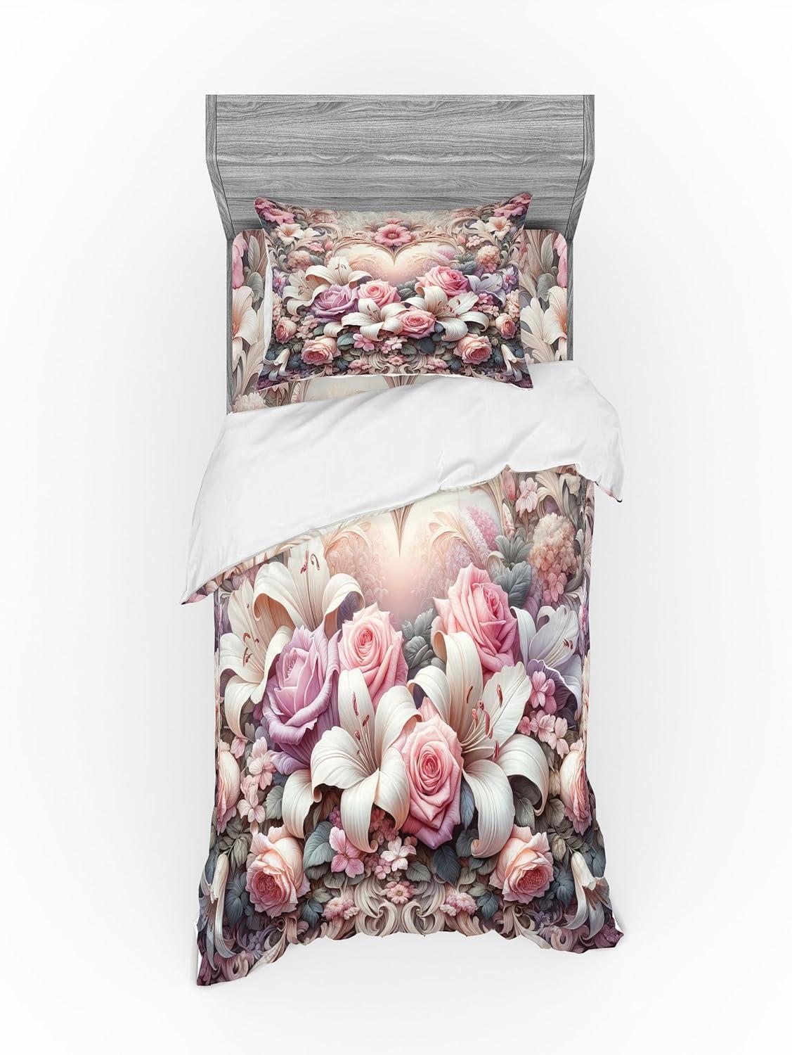imageAmbesonne Floral Heart Bedding Set Tenderness of Romantic Garden Ivy Branches and Roses Valentines Day 3 Piece Duvet Cover Set with Sham and Fitted Sheet Twin XL Size Laurel Green and PinkPale Pink Peach and Lilac