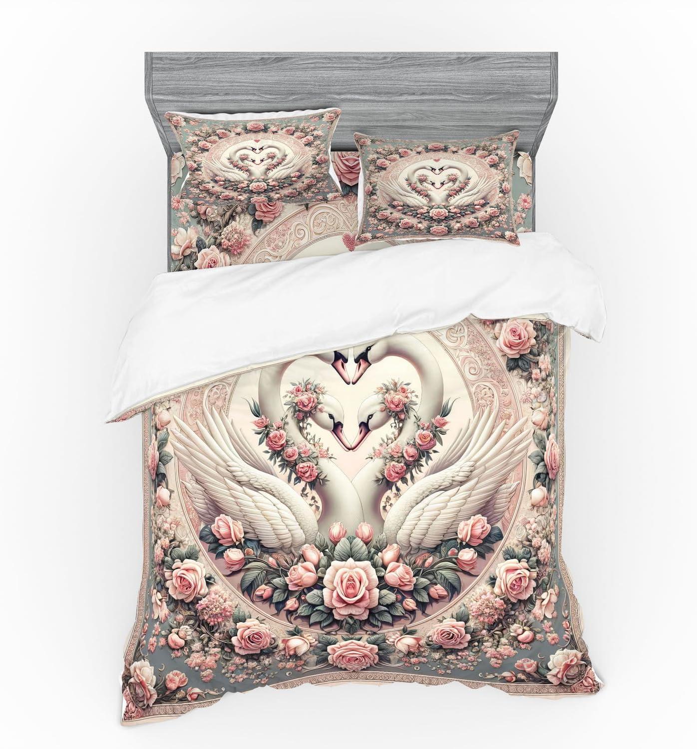 imageAmbesonne Floral Heart Bedding Set Tenderness of Romantic Garden Ivy Branches and Roses Valentines Day 3 Piece Duvet Cover Set with Sham and Fitted Sheet Twin XL Size Laurel Green and PinkPale Pink Pale Cadet Blue