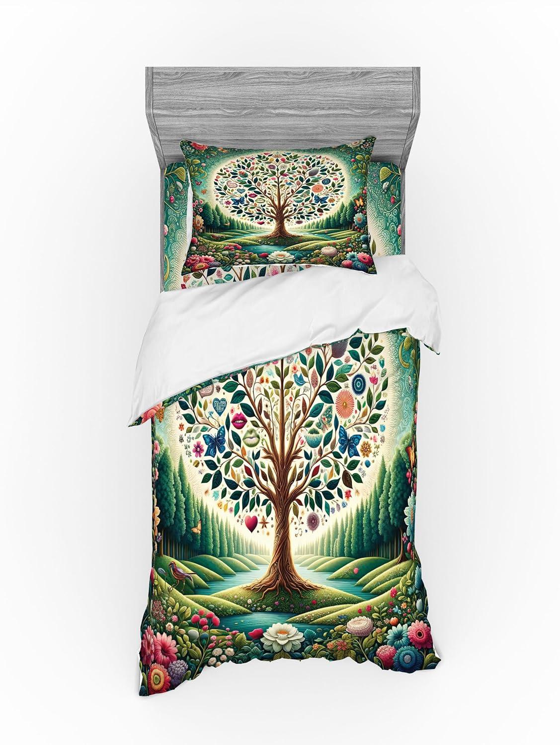 imageAmbesonne Floral Heart Bedding Set Tenderness of Romantic Garden Ivy Branches and Roses Valentines Day 3 Piece Duvet Cover Set with Sham and Fitted Sheet Twin XL Size Laurel Green and PinkGreen Blue and Pink