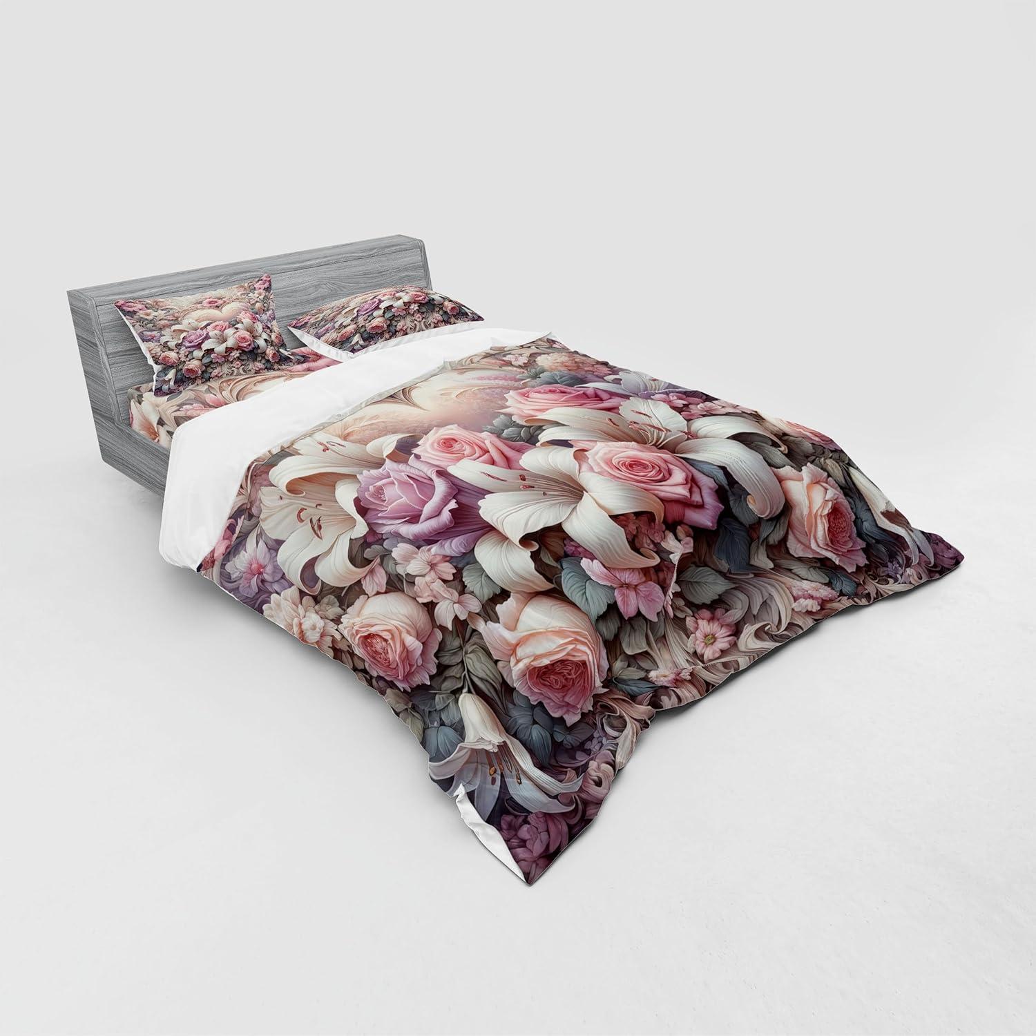 imageAmbesonne Floral Heart Bedding Set Tenderness of Romantic Garden Ivy Branches and Roses Valentines Day 3 Piece Duvet Cover Set with Sham and Fitted Sheet Twin XL Size Laurel Green and PinkPale Pink Peach and Lilac
