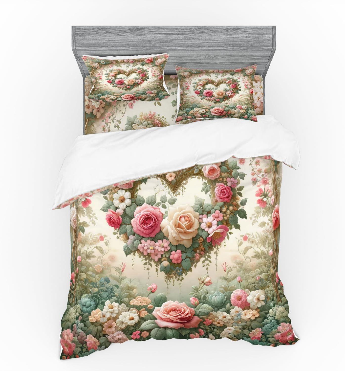 imageAmbesonne Floral Heart Bedding Set Tenderness of Romantic Garden Ivy Branches and Roses Valentines Day 3 Piece Duvet Cover Set with Sham and Fitted Sheet Twin XL Size Laurel Green and PinkLaurel Green and Pink