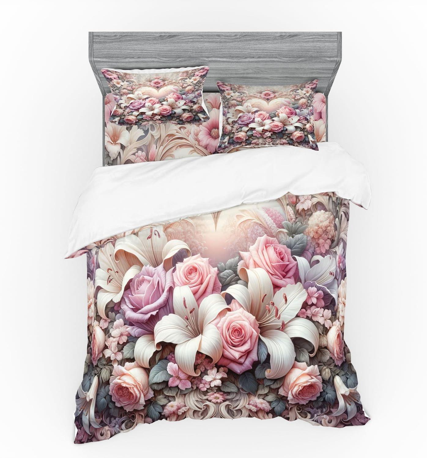 imageAmbesonne Floral Heart Bedding Set Tenderness of Romantic Garden Ivy Branches and Roses Valentines Day 3 Piece Duvet Cover Set with Sham and Fitted Sheet Twin XL Size Laurel Green and PinkPale Pink Peach and Lilac