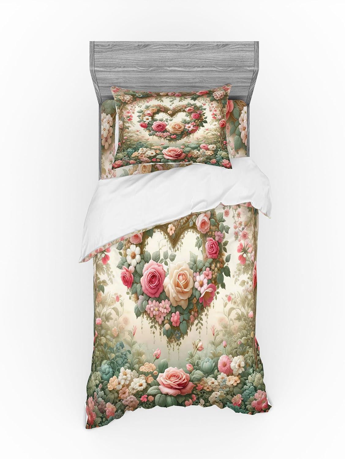 imageAmbesonne Floral Heart Bedding Set Tenderness of Romantic Garden Ivy Branches and Roses Valentines Day 3 Piece Duvet Cover Set with Sham and Fitted Sheet Twin XL Size Laurel Green and PinkLaurel Green and Pink