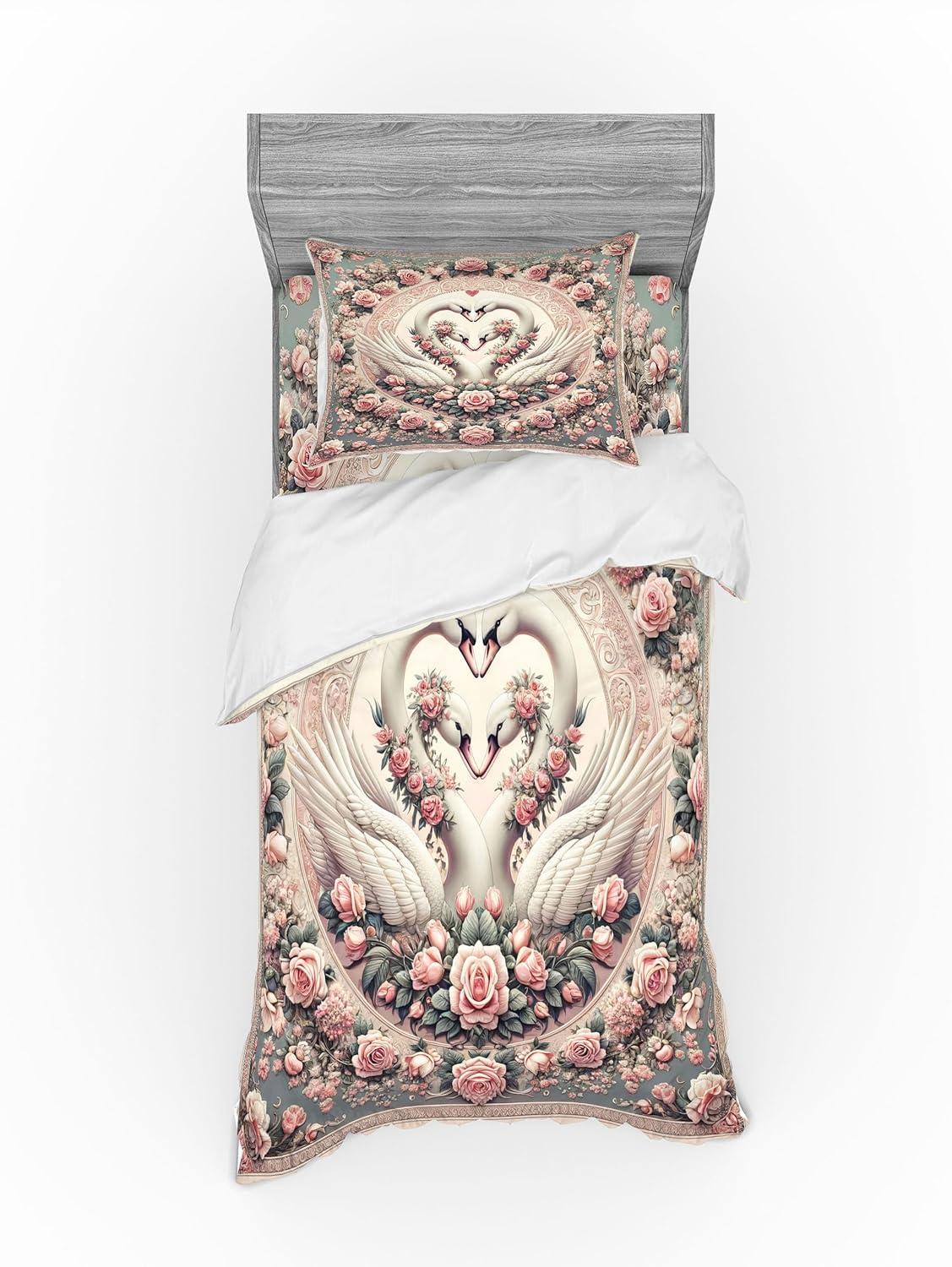 imageAmbesonne Floral Heart Bedding Set Tenderness of Romantic Garden Ivy Branches and Roses Valentines Day 3 Piece Duvet Cover Set with Sham and Fitted Sheet Twin XL Size Laurel Green and PinkPale Pink Pale Cadet Blue