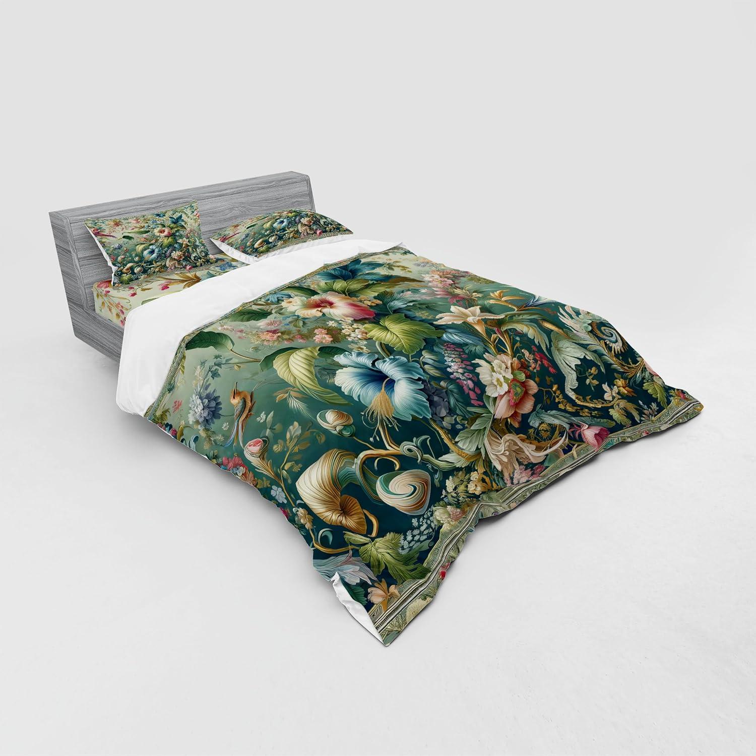 imageAmbesonne Floral Heart Bedding Set Tenderness of Romantic Garden Ivy Branches and Roses Valentines Day 3 Piece Duvet Cover Set with Sham and Fitted Sheet Twin XL Size Laurel Green and PinkGreen Multicolor