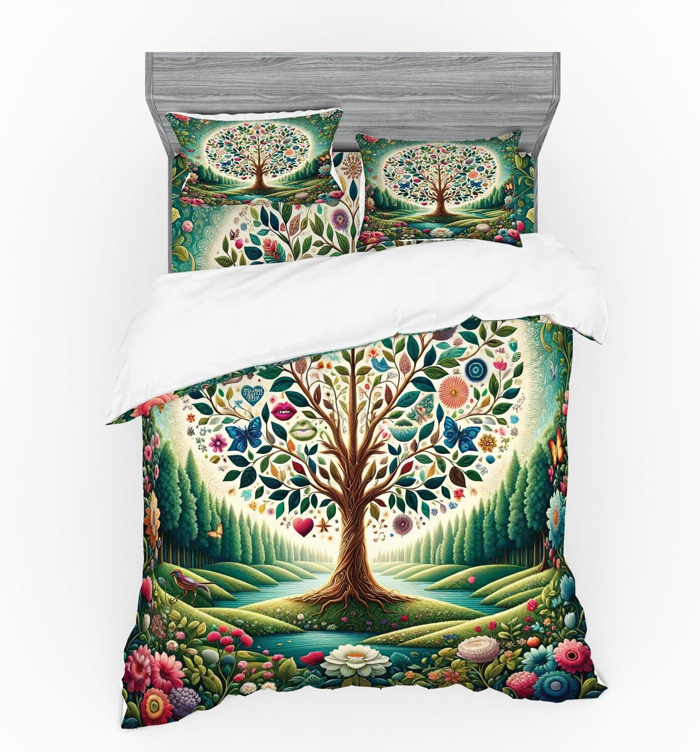 imageAmbesonne Floral Heart Bedding Set Tenderness of Romantic Garden Ivy Branches and Roses Valentines Day 3 Piece Duvet Cover Set with Sham and Fitted Sheet Twin XL Size Laurel Green and PinkGreen Blue and Pink