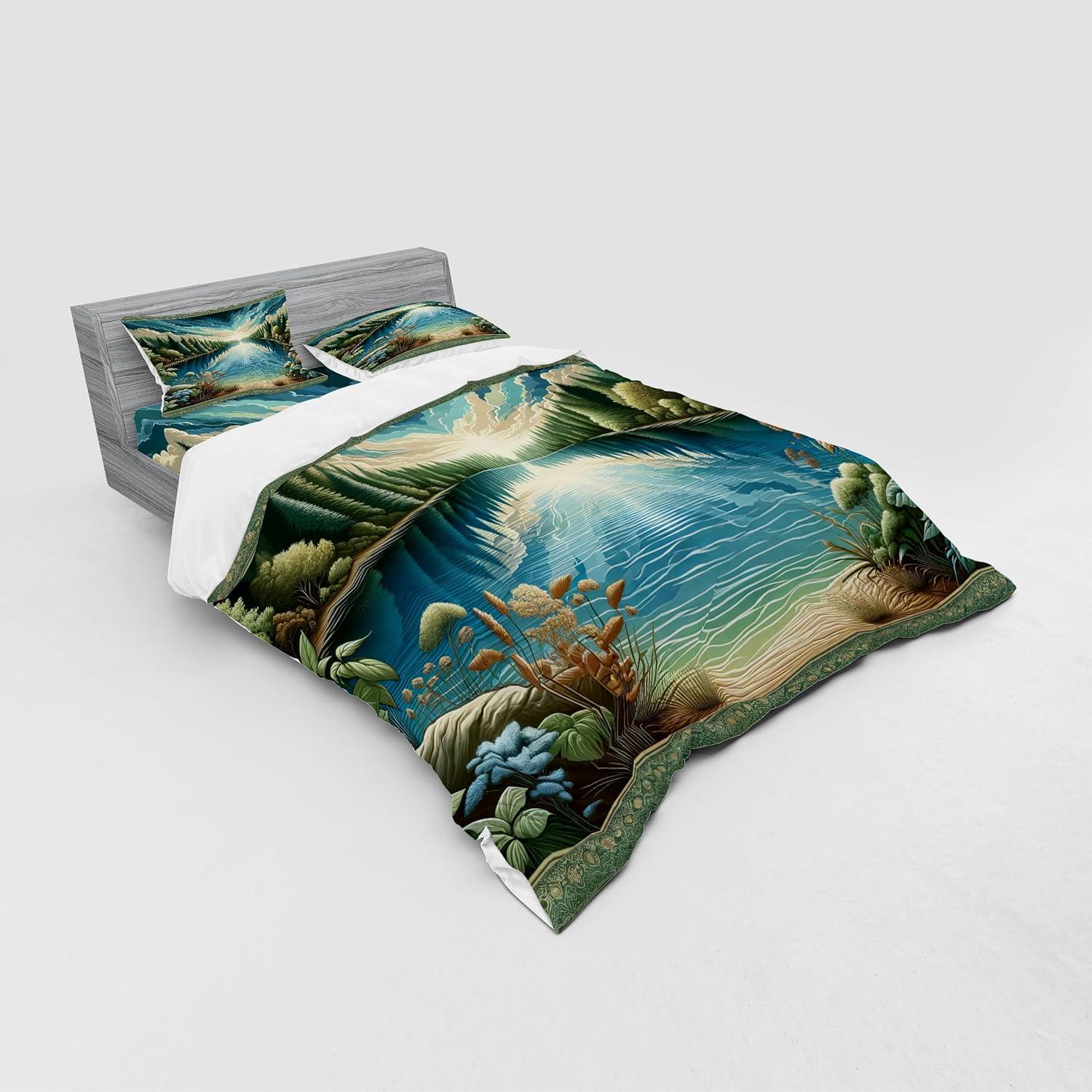 imageAmbesonne Floral Heart Bedding Set Tenderness of Romantic Garden Ivy Branches and Roses Valentines Day 3 Piece Duvet Cover Set with Sham and Fitted Sheet Twin XL Size Laurel Green and PinkGreen Blue