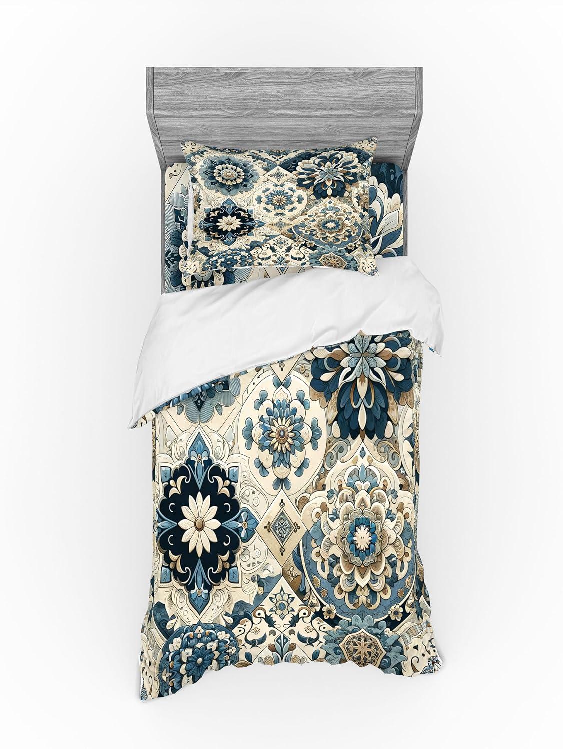 imageAmbesonne Floral Heart Bedding Set Tenderness of Romantic Garden Ivy Branches and Roses Valentines Day 3 Piece Duvet Cover Set with Sham and Fitted Sheet Twin XL Size Laurel Green and PinkOff White Cadet Blue