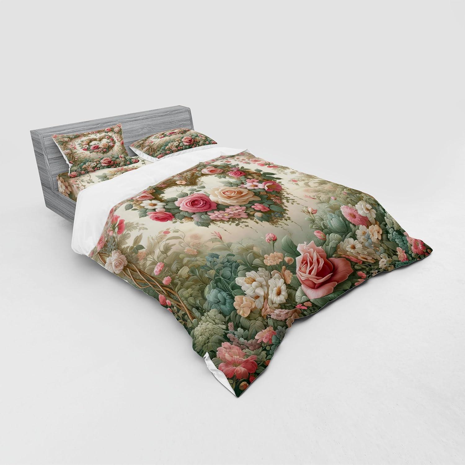 imageAmbesonne Floral Heart Bedding Set Tenderness of Romantic Garden Ivy Branches and Roses Valentines Day 3 Piece Duvet Cover Set with Sham and Fitted Sheet Twin XL Size Laurel Green and PinkLaurel Green and Pink