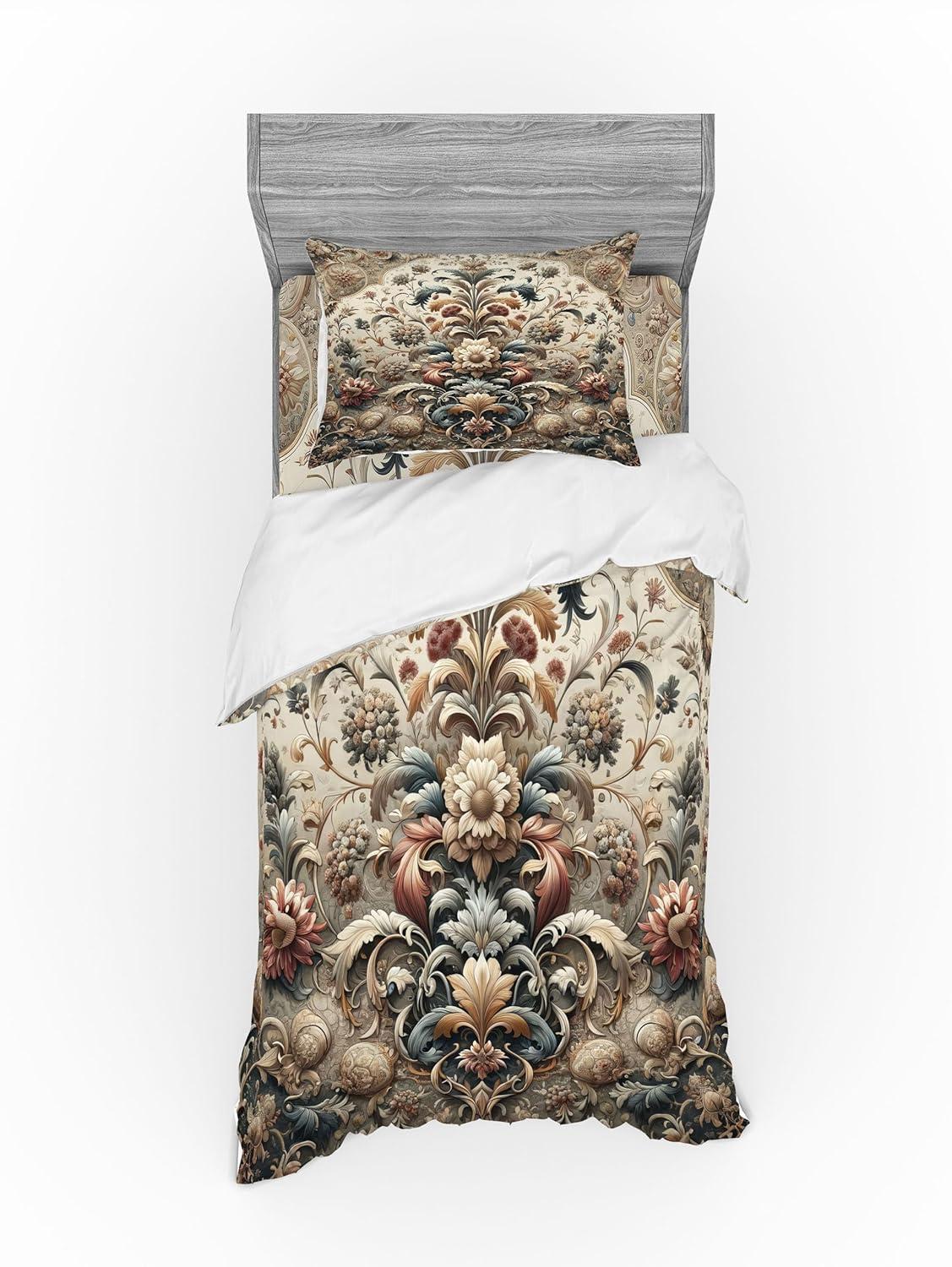 imageAmbesonne Floral Heart Bedding Set Tenderness of Romantic Garden Ivy Branches and Roses Valentines Day 3 Piece Duvet Cover Set with Sham and Fitted Sheet Twin XL Size Laurel Green and PinkTan Dark Blue and Pale Ruby