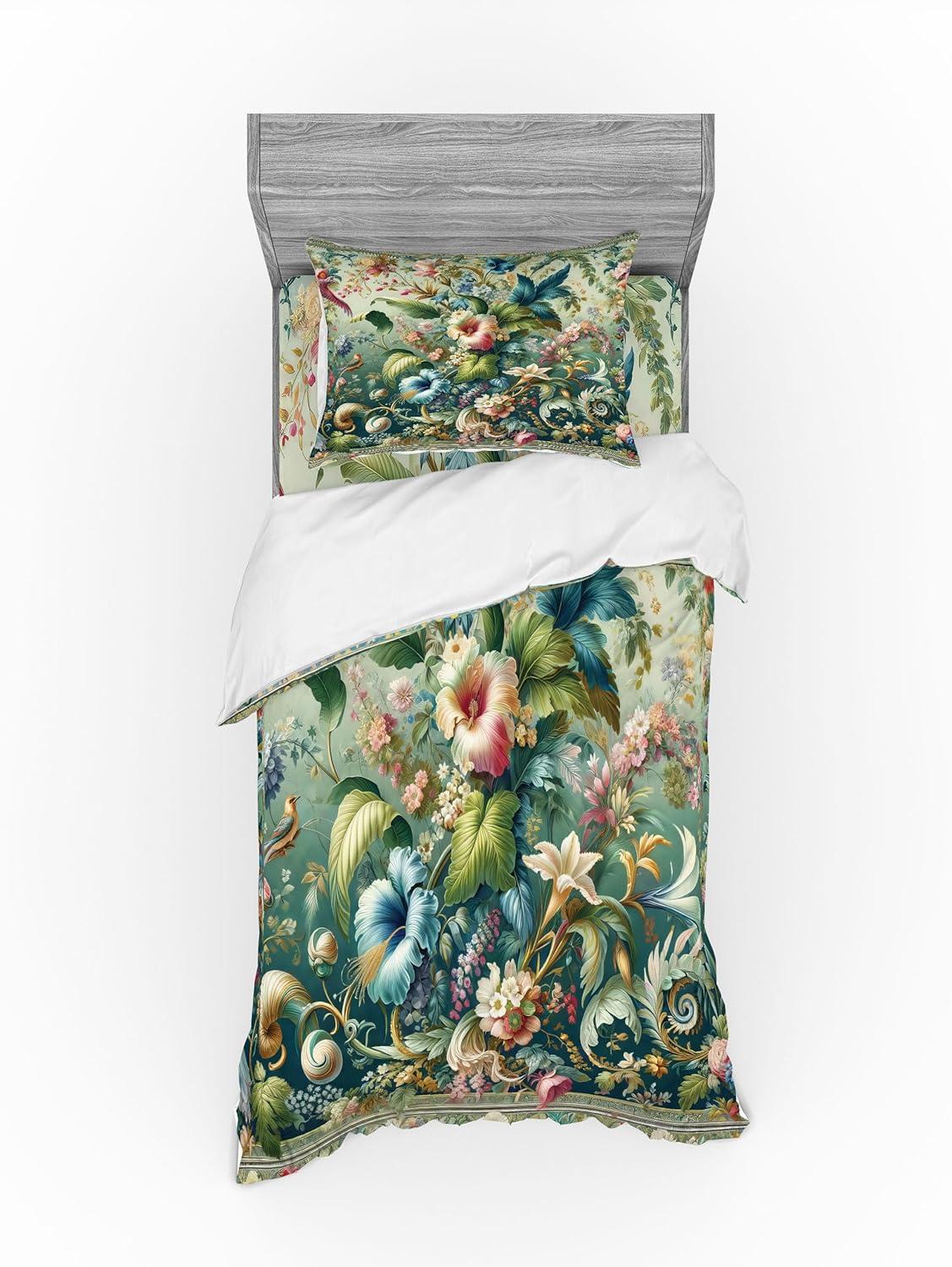 imageAmbesonne Floral Heart Bedding Set Tenderness of Romantic Garden Ivy Branches and Roses Valentines Day 3 Piece Duvet Cover Set with Sham and Fitted Sheet Twin XL Size Laurel Green and PinkGreen Multicolor