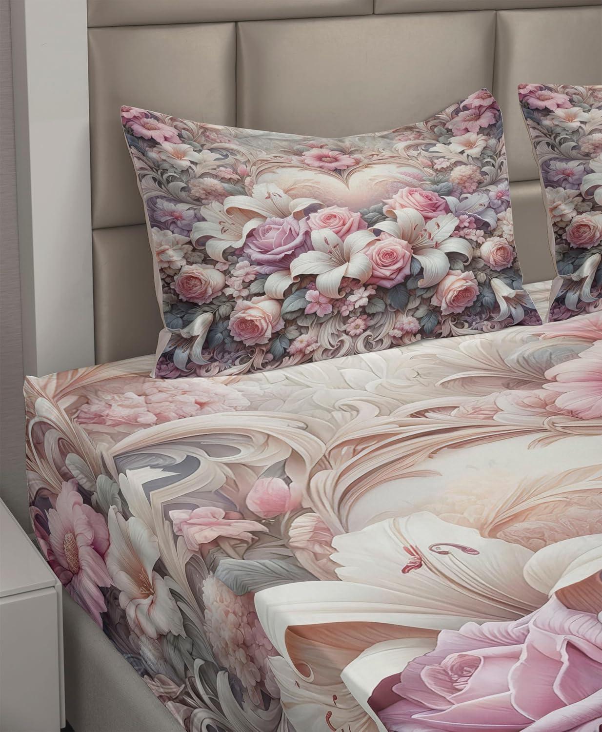 imageAmbesonne Floral Heart Sheet Set Tenderness of Romantic Garden Ivy Branches and Roses Valentines Day Fitted and Flat Sheet with Pillowcase Bedding Accent 3 Piece Set Twin Laurel Green and PinkPale Pink Peach and Lilac