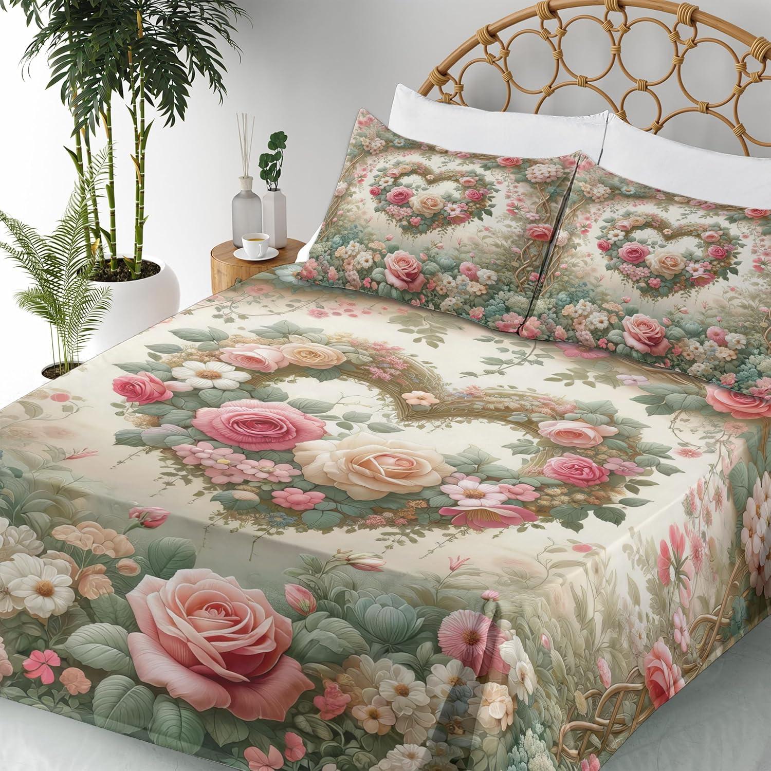 imageAmbesonne Floral Heart Sheet Set Tenderness of Romantic Garden Ivy Branches and Roses Valentines Day Fitted and Flat Sheet with Pillowcase Bedding Accent 3 Piece Set Twin Laurel Green and PinkLaurel Green and Pink