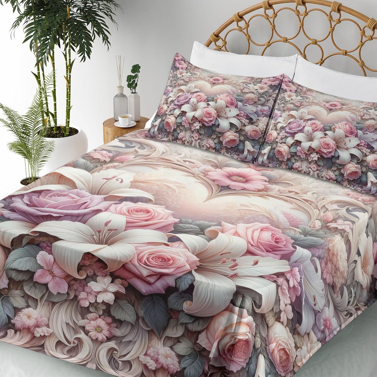 imageAmbesonne Floral Heart Sheet Set Tenderness of Romantic Garden Ivy Branches and Roses Valentines Day Fitted and Flat Sheet with Pillowcase Bedding Accent 3 Piece Set Twin Laurel Green and PinkPale Pink Peach and Lilac