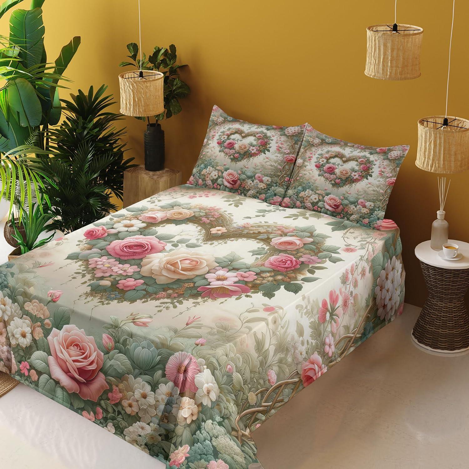 imageAmbesonne Floral Heart Sheet Set Tenderness of Romantic Garden Ivy Branches and Roses Valentines Day Fitted and Flat Sheet with Pillowcase Bedding Accent 3 Piece Set Twin Laurel Green and PinkLaurel Green and Pink