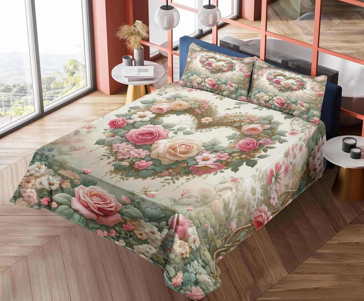 imageAmbesonne Floral Heart Sheet Set Tenderness of Romantic Garden Ivy Branches and Roses Valentines Day Fitted and Flat Sheet with Pillowcase Bedding Accent 3 Piece Set Twin Laurel Green and PinkLaurel Green and Pink