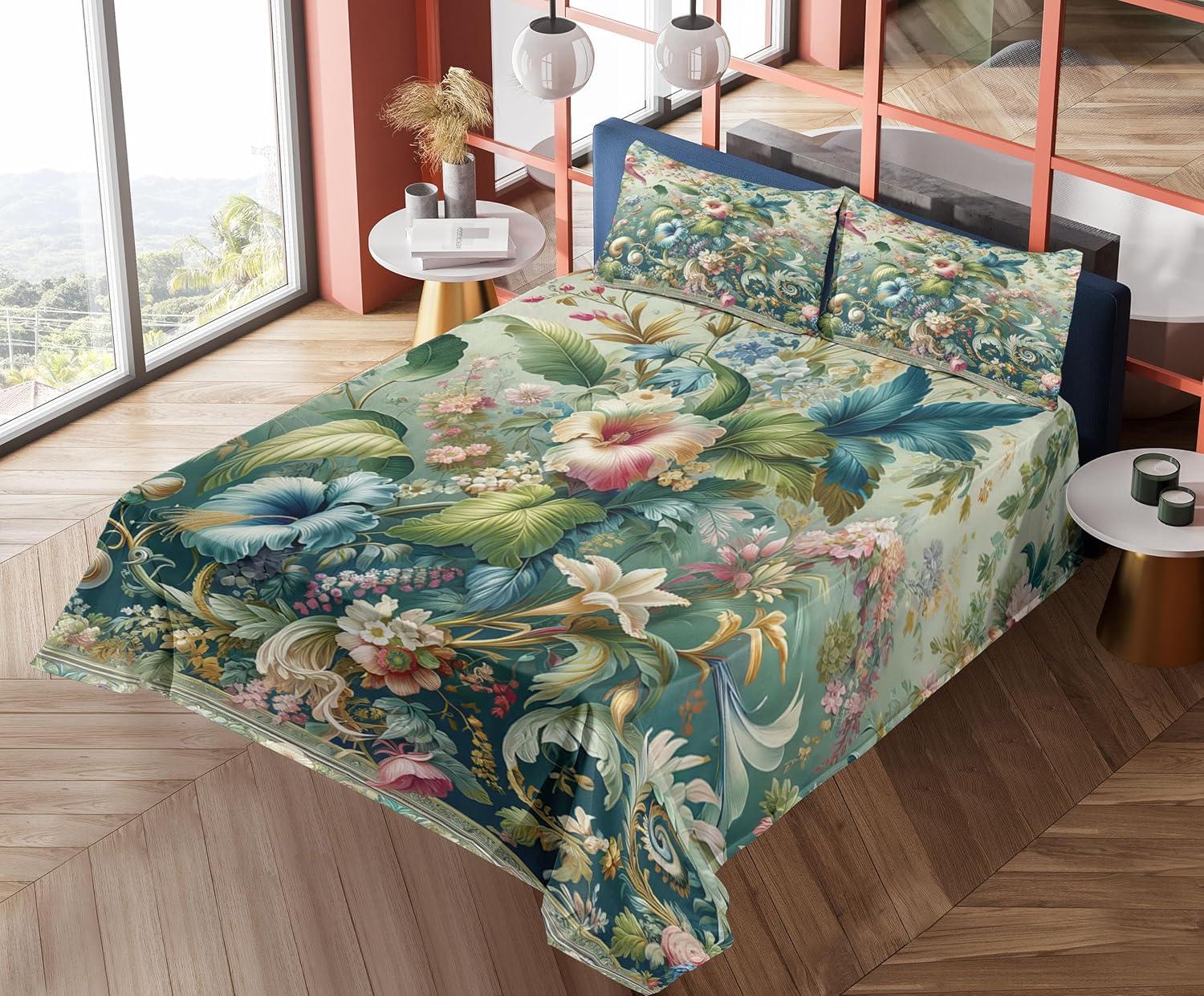 imageAmbesonne Floral Heart Sheet Set Tenderness of Romantic Garden Ivy Branches and Roses Valentines Day Fitted and Flat Sheet with Pillowcase Bedding Accent 3 Piece Set Twin Laurel Green and PinkGreen Multicolor