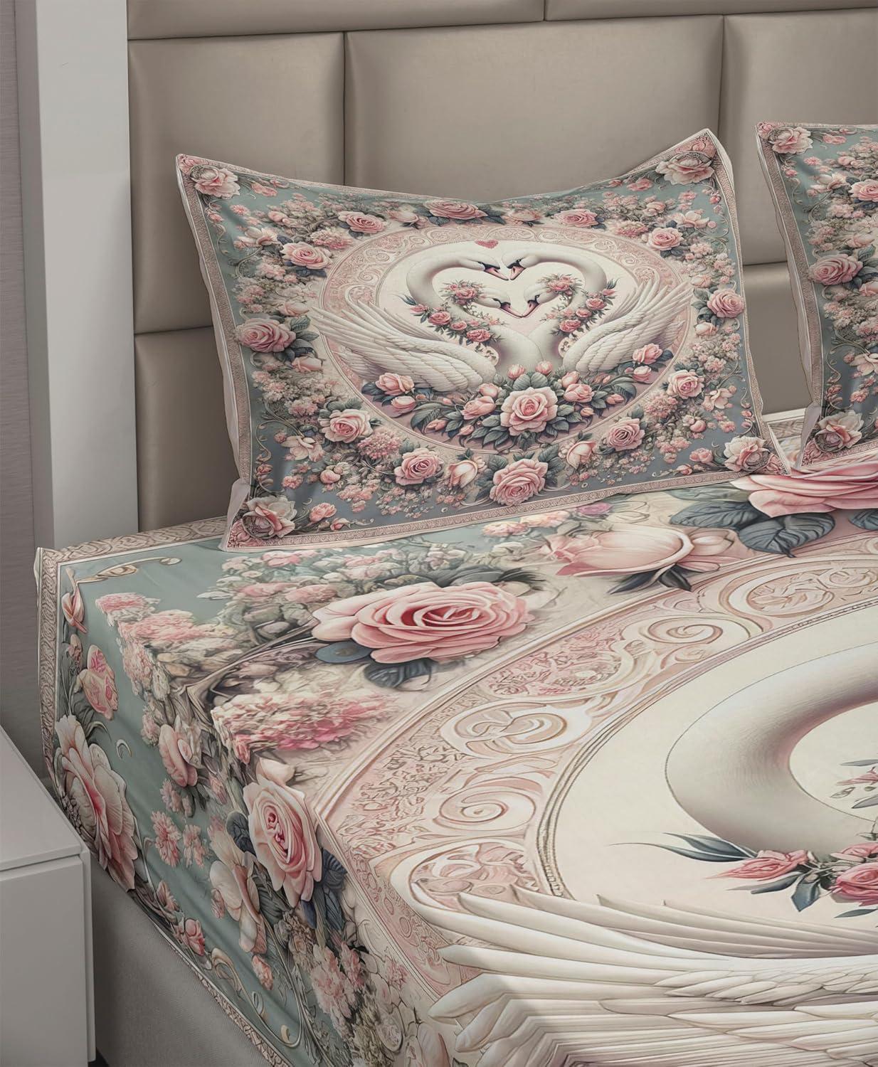 imageAmbesonne Floral Heart Sheet Set Tenderness of Romantic Garden Ivy Branches and Roses Valentines Day Fitted and Flat Sheet with Pillowcase Bedding Accent 3 Piece Set Twin Laurel Green and PinkPale Pink Pale Cadet Blue