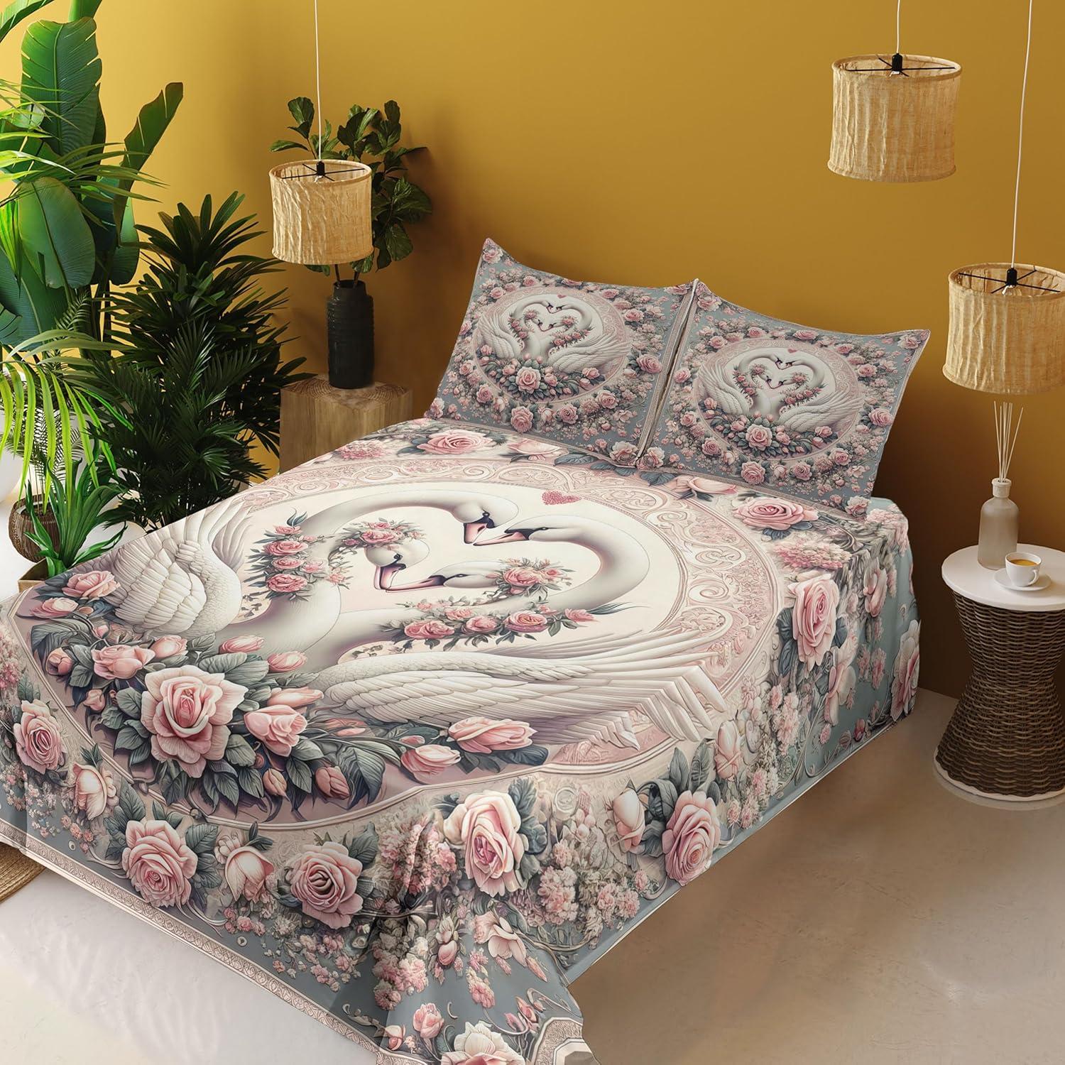 imageAmbesonne Floral Heart Sheet Set Tenderness of Romantic Garden Ivy Branches and Roses Valentines Day Fitted and Flat Sheet with Pillowcase Bedding Accent 3 Piece Set Twin Laurel Green and PinkPale Pink Pale Cadet Blue