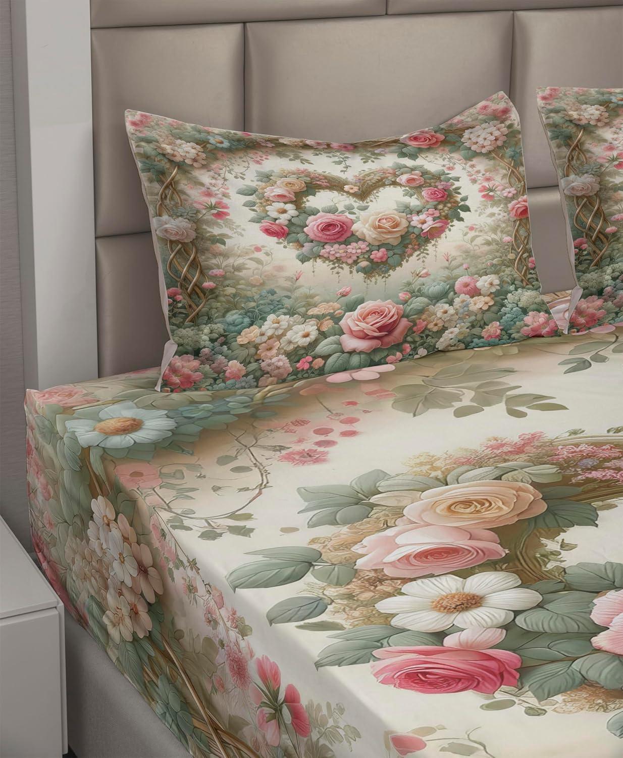 imageAmbesonne Floral Heart Sheet Set Tenderness of Romantic Garden Ivy Branches and Roses Valentines Day Fitted and Flat Sheet with Pillowcase Bedding Accent 3 Piece Set Twin Laurel Green and PinkLaurel Green and Pink