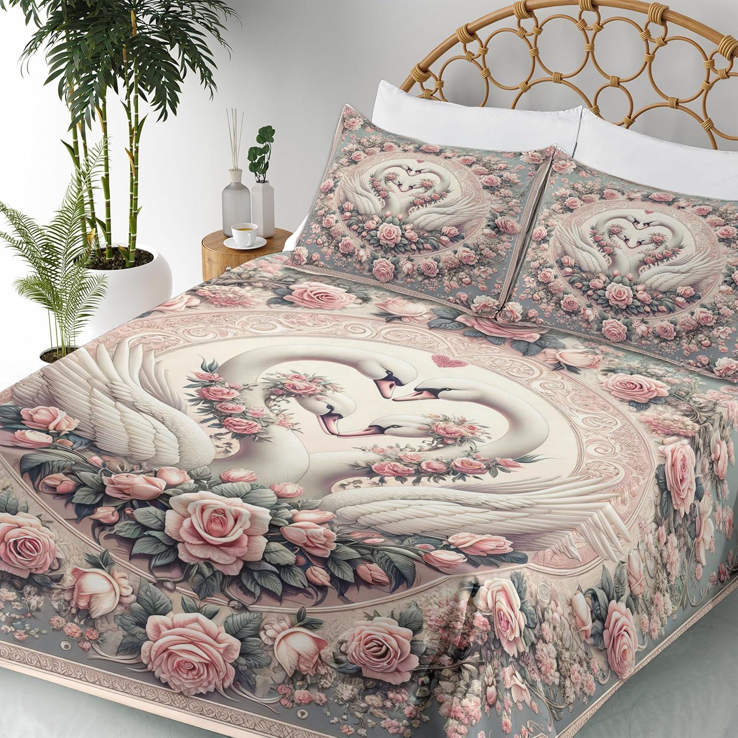 imageAmbesonne Floral Heart Sheet Set Tenderness of Romantic Garden Ivy Branches and Roses Valentines Day Fitted and Flat Sheet with Pillowcase Bedding Accent 3 Piece Set Twin Laurel Green and PinkPale Pink Pale Cadet Blue