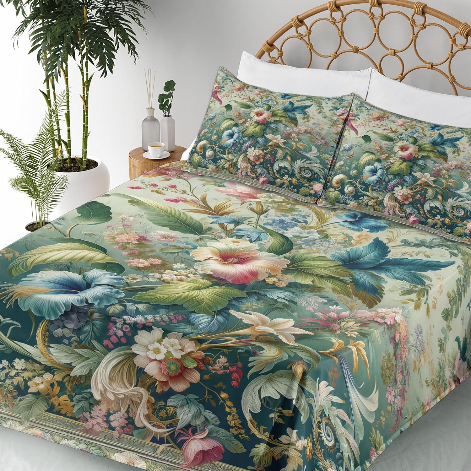 imageAmbesonne Floral Heart Sheet Set Tenderness of Romantic Garden Ivy Branches and Roses Valentines Day Fitted and Flat Sheet with Pillowcase Bedding Accent 3 Piece Set Twin Laurel Green and PinkGreen Multicolor