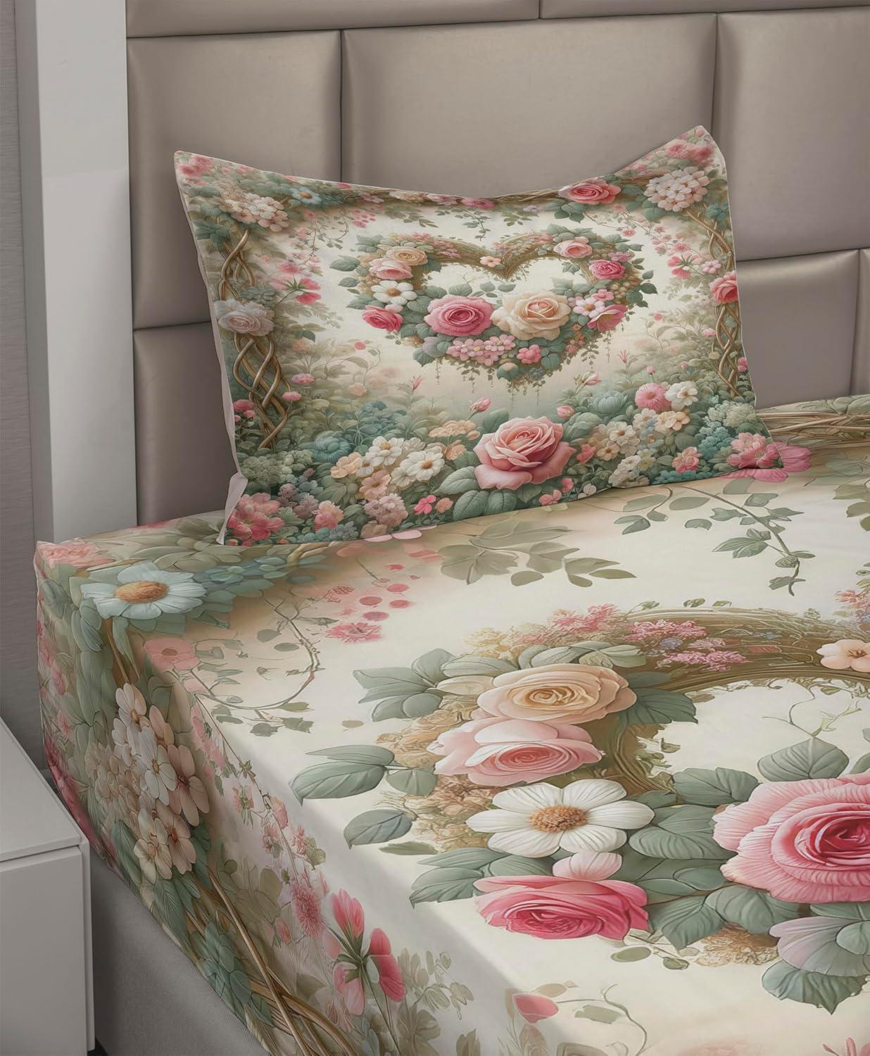 imageAmbesonne Floral Heart Sheet Set Tenderness of Romantic Garden Ivy Branches and Roses Valentines Day Fitted and Flat Sheet with Pillowcase Bedding Accent 3 Piece Set Twin Laurel Green and PinkLaurel Green and Pink