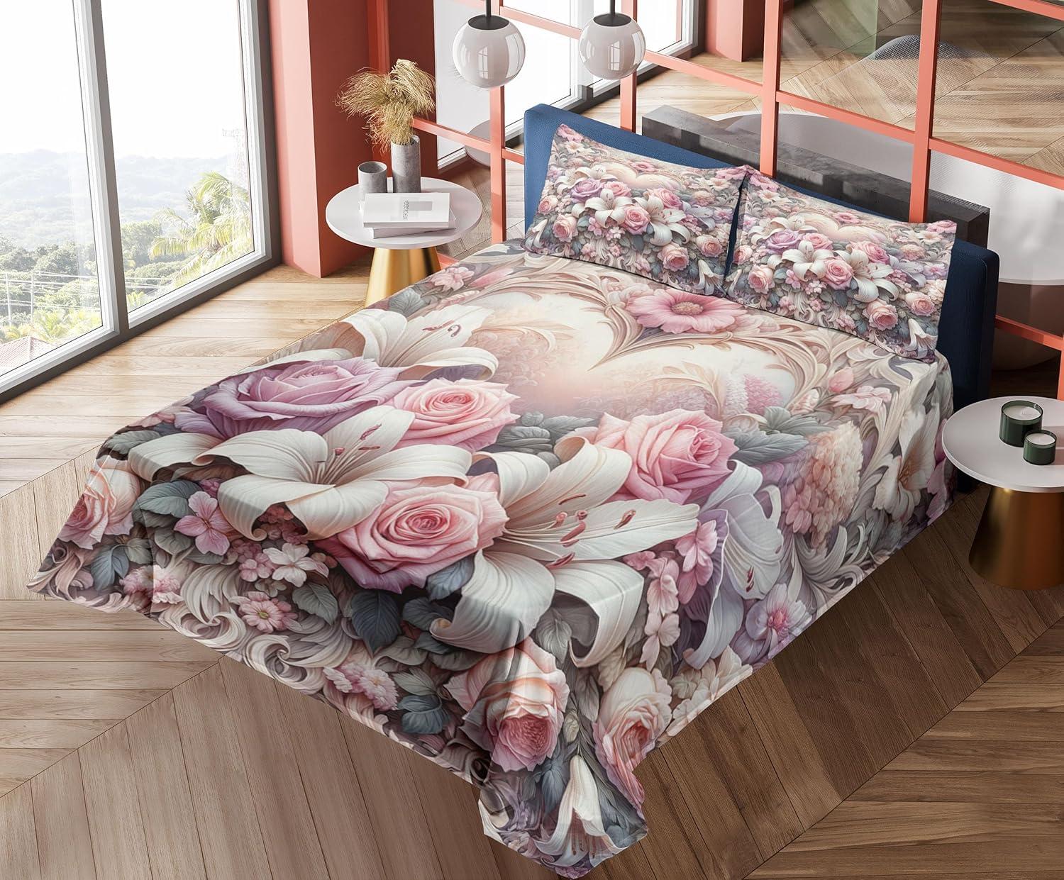 imageAmbesonne Floral Heart Sheet Set Tenderness of Romantic Garden Ivy Branches and Roses Valentines Day Fitted and Flat Sheet with Pillowcase Bedding Accent 3 Piece Set Twin Laurel Green and PinkPale Pink Peach and Lilac