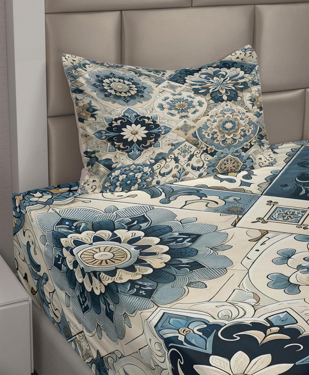 imageAmbesonne Floral Heart Sheet Set Tenderness of Romantic Garden Ivy Branches and Roses Valentines Day Fitted and Flat Sheet with Pillowcase Bedding Accent 3 Piece Set Twin Laurel Green and PinkOff White Cadet Blue