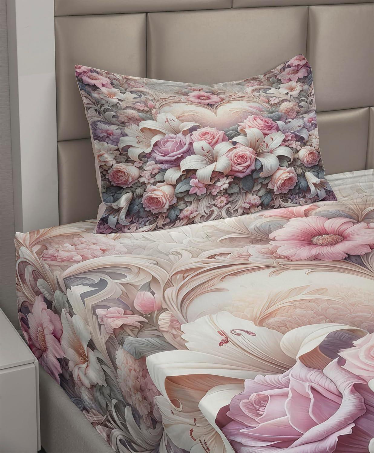 imageAmbesonne Floral Heart Sheet Set Tenderness of Romantic Garden Ivy Branches and Roses Valentines Day Fitted and Flat Sheet with Pillowcase Bedding Accent 3 Piece Set Twin Laurel Green and PinkPale Pink Peach and Lilac