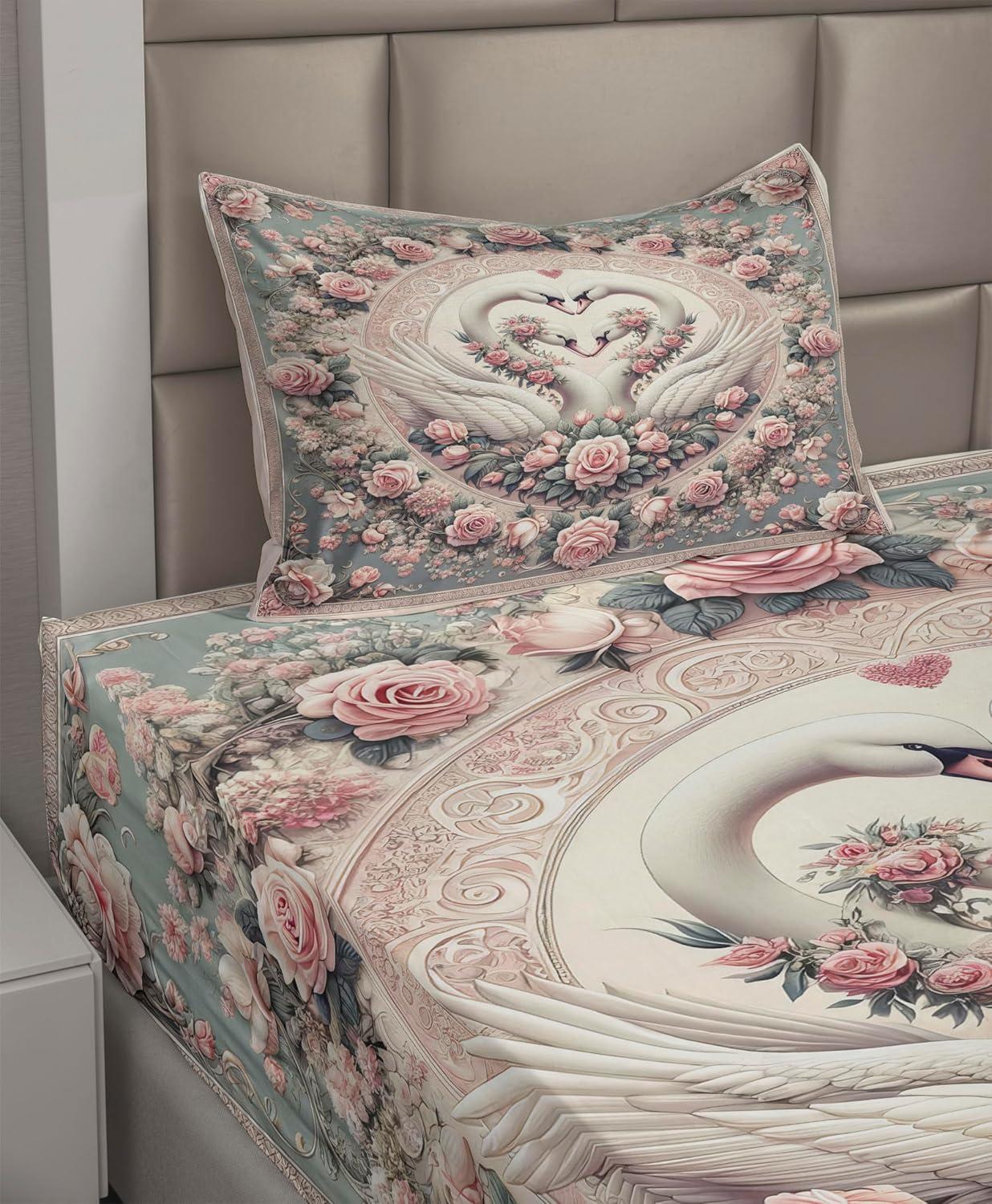 imageAmbesonne Floral Heart Sheet Set Tenderness of Romantic Garden Ivy Branches and Roses Valentines Day Fitted and Flat Sheet with Pillowcase Bedding Accent 3 Piece Set Twin Laurel Green and PinkPale Pink Pale Cadet Blue