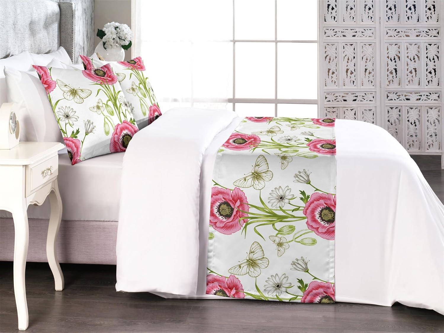 imageAmbesonne Garden Bed Runner Set Flowers Watercolor Splashes Valentine Romantic Theme Illustration Decorative Bedding Scarf and a Pillow Sham for Hotels Homes Twin Dark Pink Coral and BlushDark Pink and Olive Green