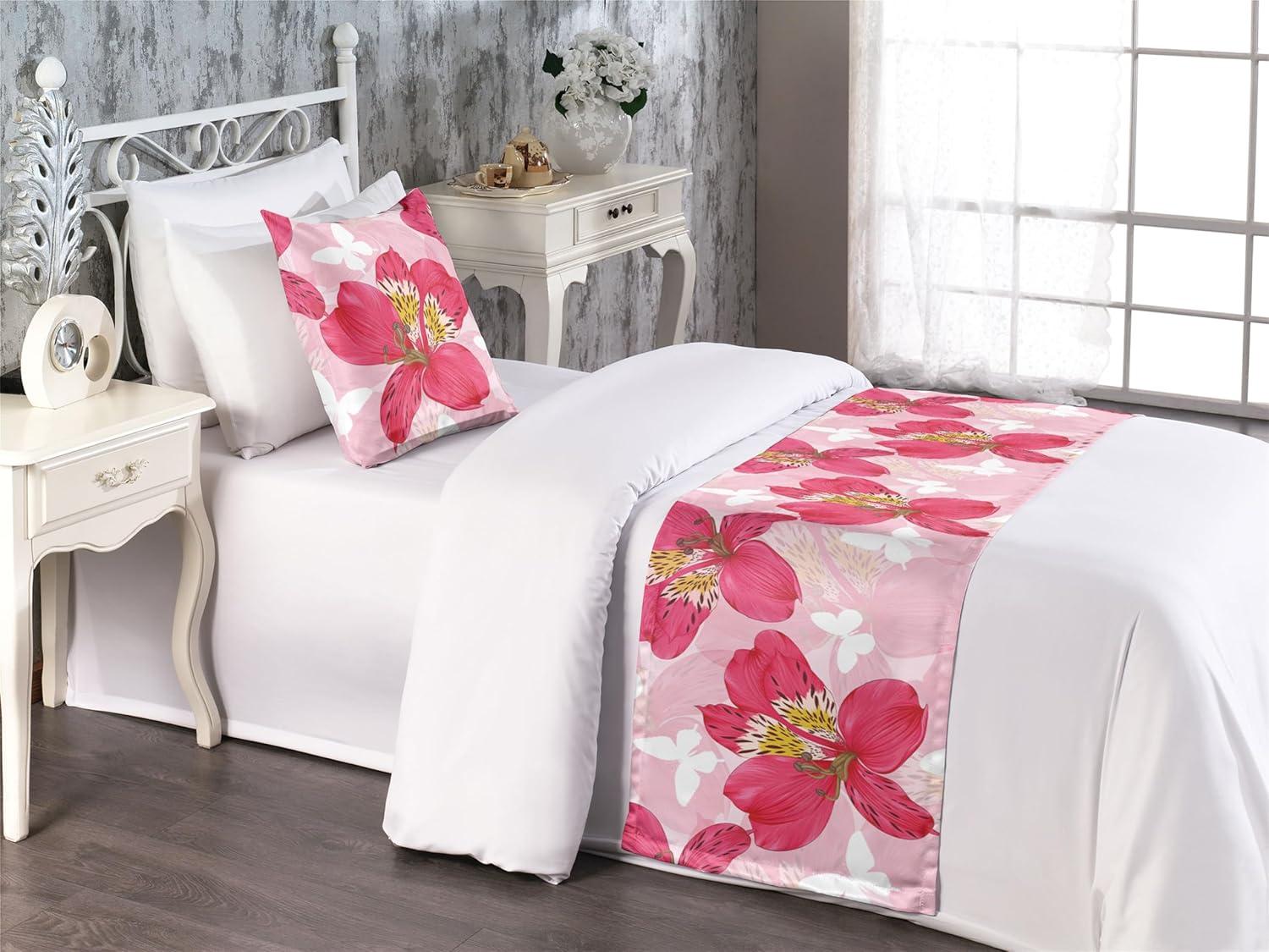 imageAmbesonne Garden Bed Runner Set Flowers Watercolor Splashes Valentine Romantic Theme Illustration Decorative Bedding Scarf and a Pillow Sham for Hotels Homes Twin Dark Pink Coral and BlushDark Coral and Soft Pink