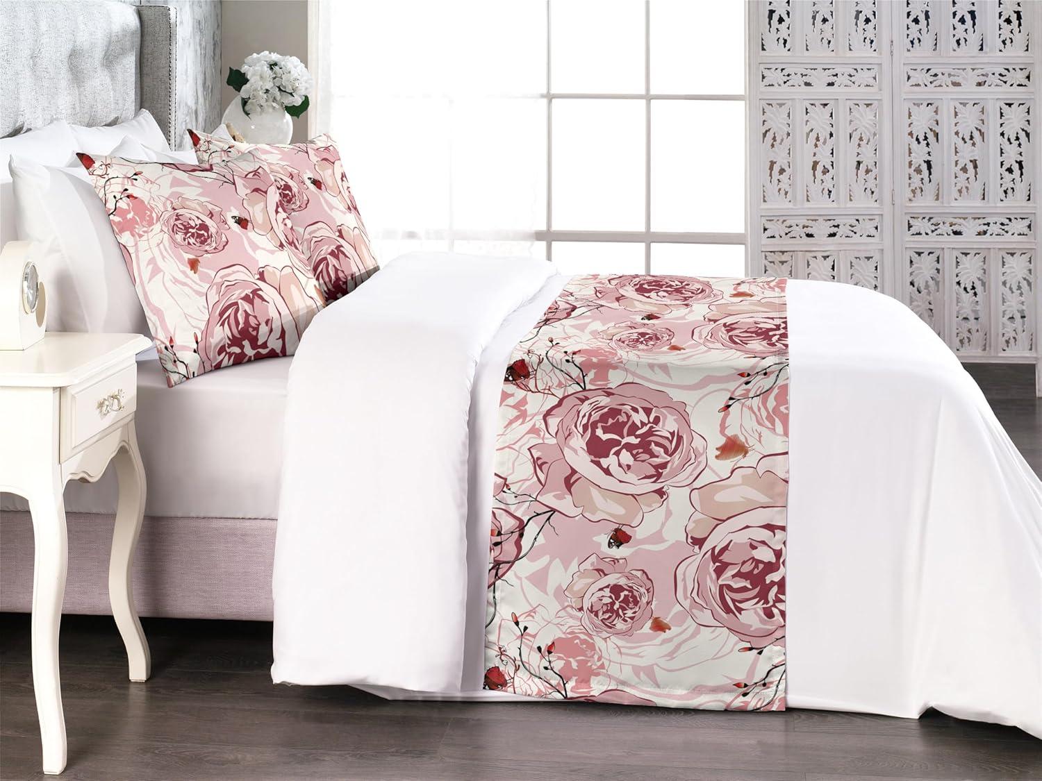imageAmbesonne Garden Bed Runner Set Flowers Watercolor Splashes Valentine Romantic Theme Illustration Decorative Bedding Scarf and a Pillow Sham for Hotels Homes Twin Dark Pink Coral and BlushPale Maroon Blush and Ginger