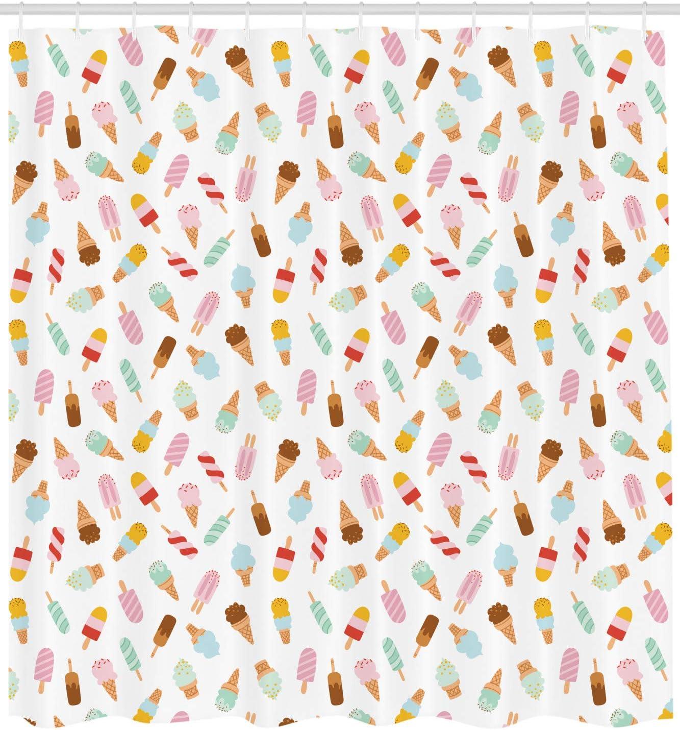 imageAmbesonne Ice Cream Shower Curtain Cartoon Doodle Style Creamy Delicious Diary Desserts with Various Flavors Cloth Fabric Bathroom Decor Set with Hooks 69 W x 75 L White Multicolor
