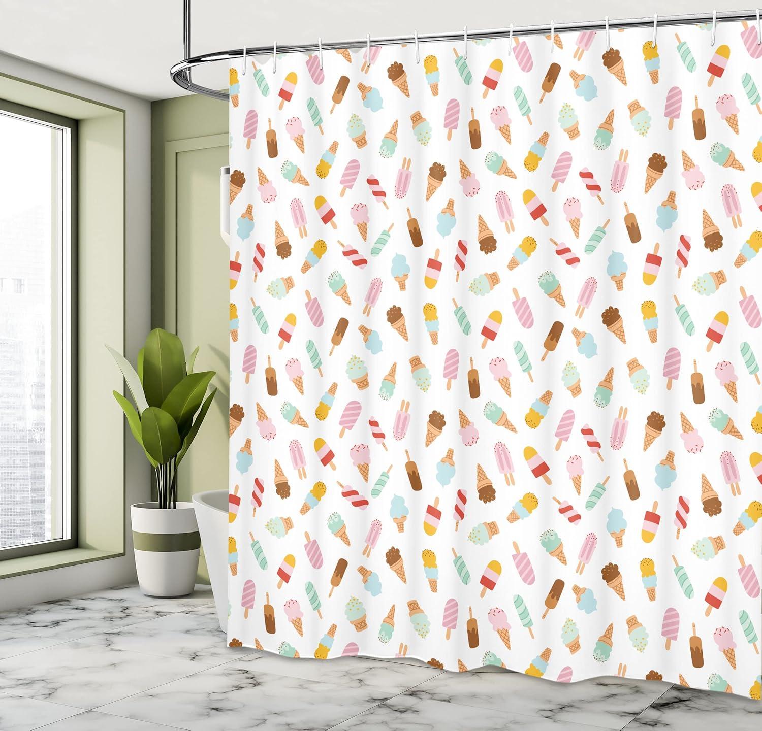 imageAmbesonne Ice Cream Shower Curtain Cartoon Doodle Style Creamy Delicious Diary Desserts with Various Flavors Cloth Fabric Bathroom Decor Set with Hooks 69 W x 75 L White Multicolor