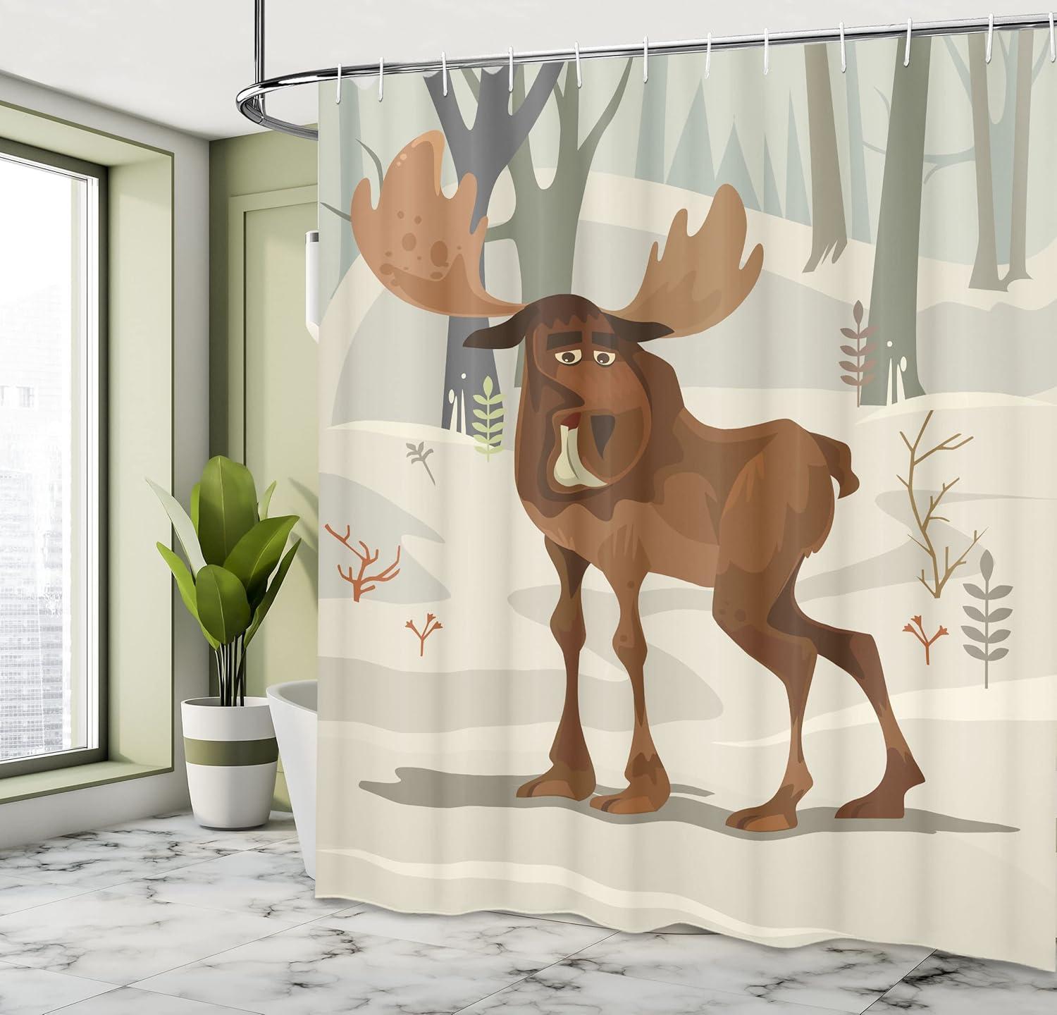 imageAmbesonne Northwoods Shower Curtain Happy Smiling Elk Mascot Character Walking in The Forest Cartoon Illustration Cloth Fabric Bathroom Decor Set with Hooks 69 W x 84 L Multicolor