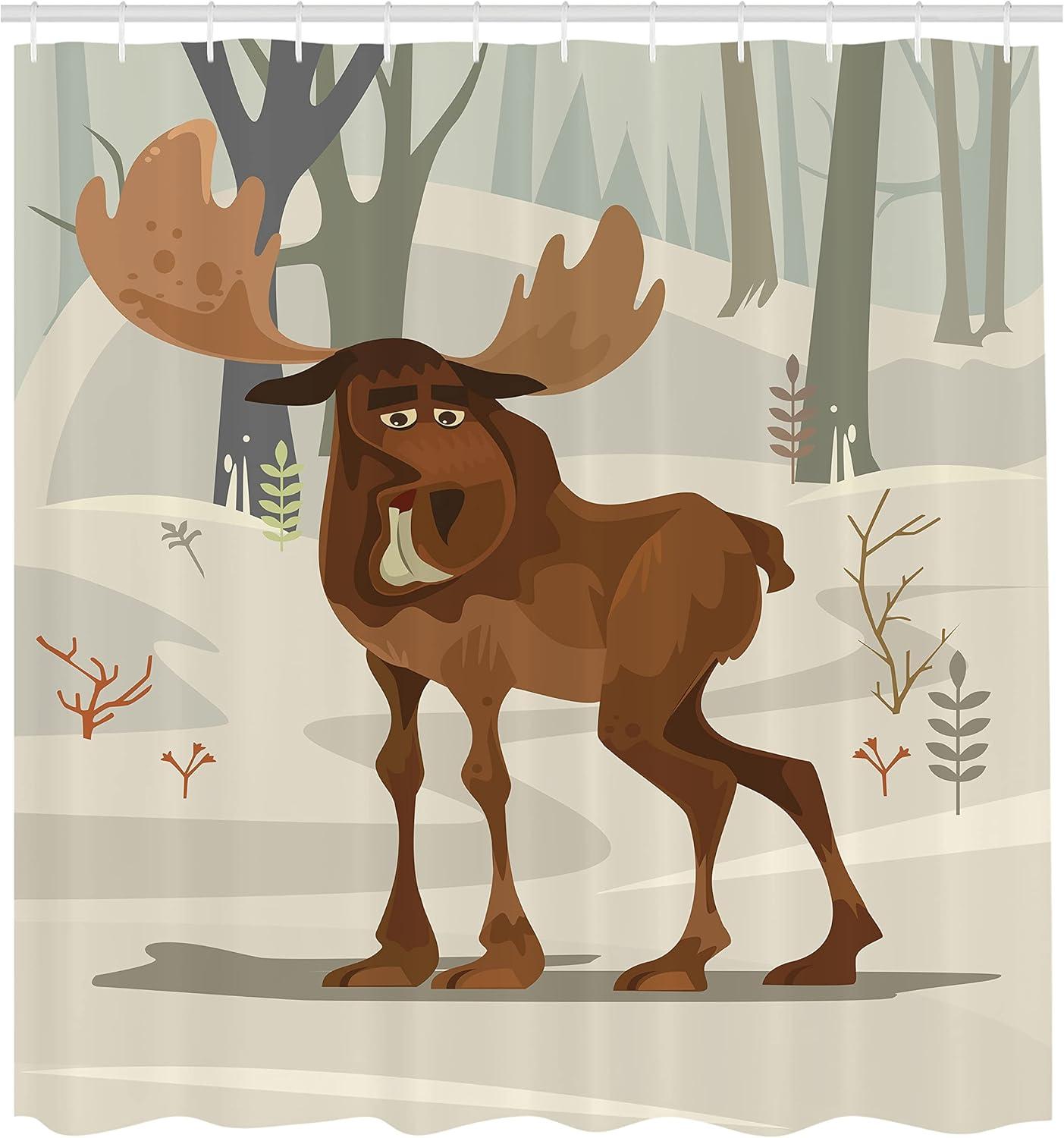 imageAmbesonne Northwoods Shower Curtain Happy Smiling Elk Mascot Character Walking in The Forest Cartoon Illustration Cloth Fabric Bathroom Decor Set with Hooks 69 W x 84 L Multicolor