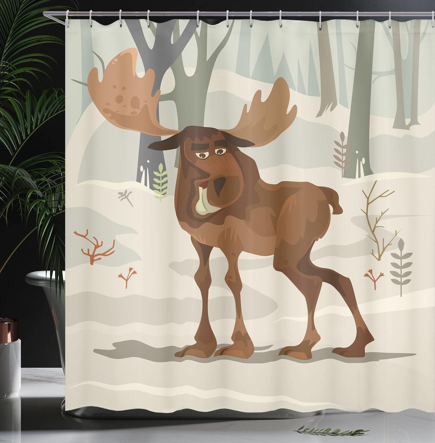 imageAmbesonne Northwoods Shower Curtain Happy Smiling Elk Mascot Character Walking in The Forest Cartoon Illustration Cloth Fabric Bathroom Decor Set with Hooks 69 W x 84 L Multicolor