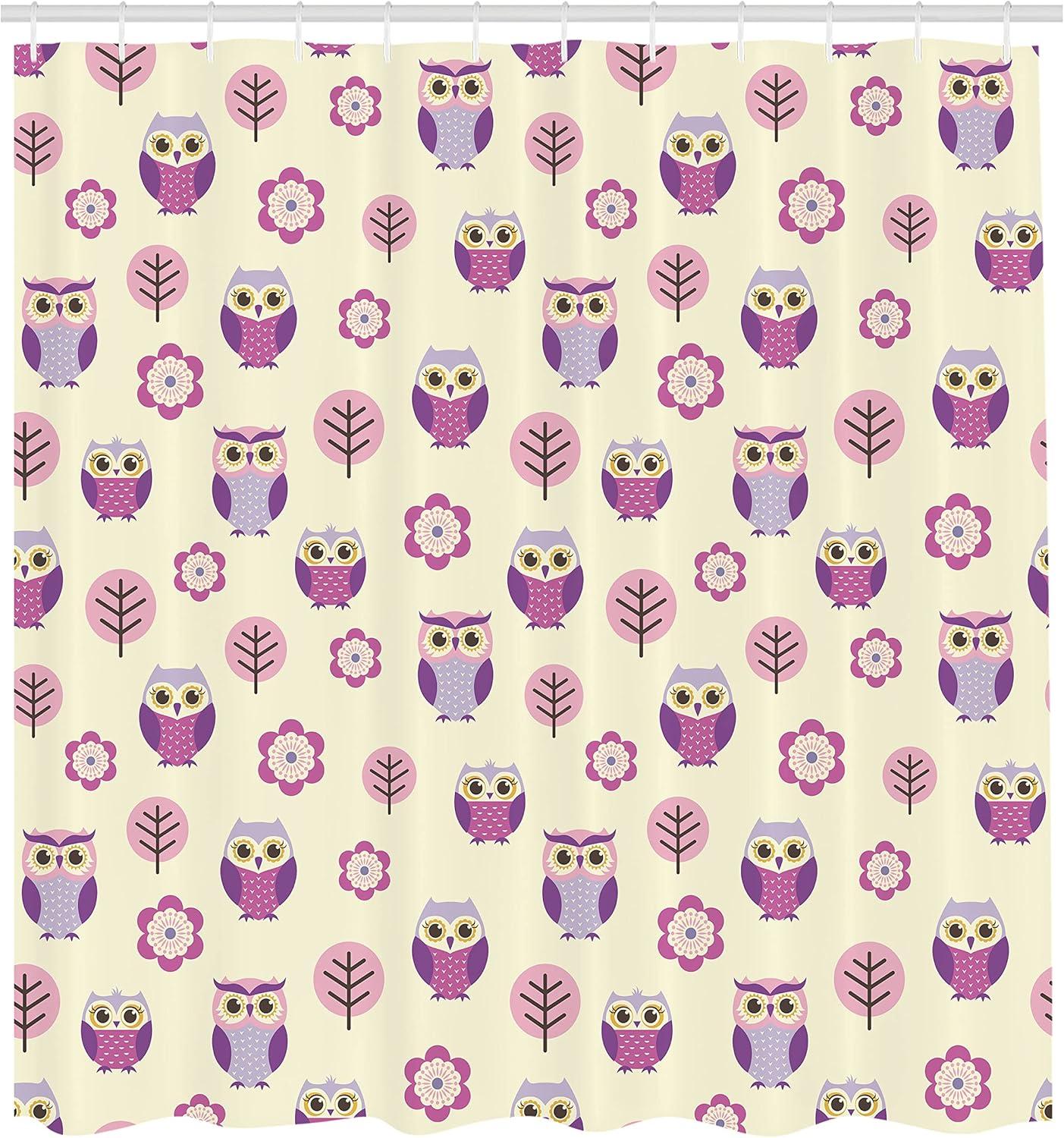 imageAmbesonne Owls Shower Curtain Owl Cartoon Pattern Feminine Soft Colors Happy Springtime Cloth Fabric Bathroom Decor Set with Hooks 69 W x 70 L Rose Pale Yellow PurpleRose Pale Yellow Purple