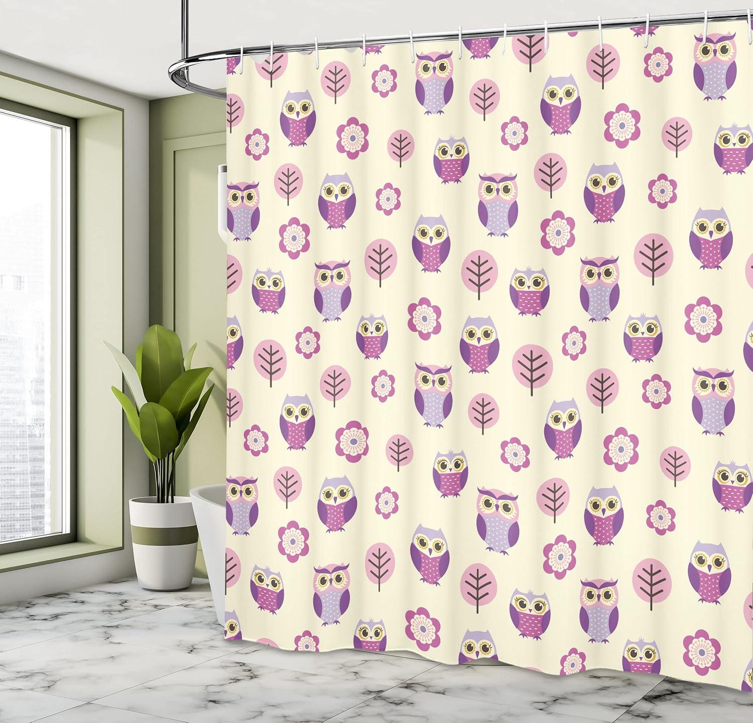 imageAmbesonne Owls Shower Curtain Owl Cartoon Pattern Feminine Soft Colors Happy Springtime Cloth Fabric Bathroom Decor Set with Hooks 69 W x 70 L Rose Pale Yellow PurpleRose Pale Yellow Purple