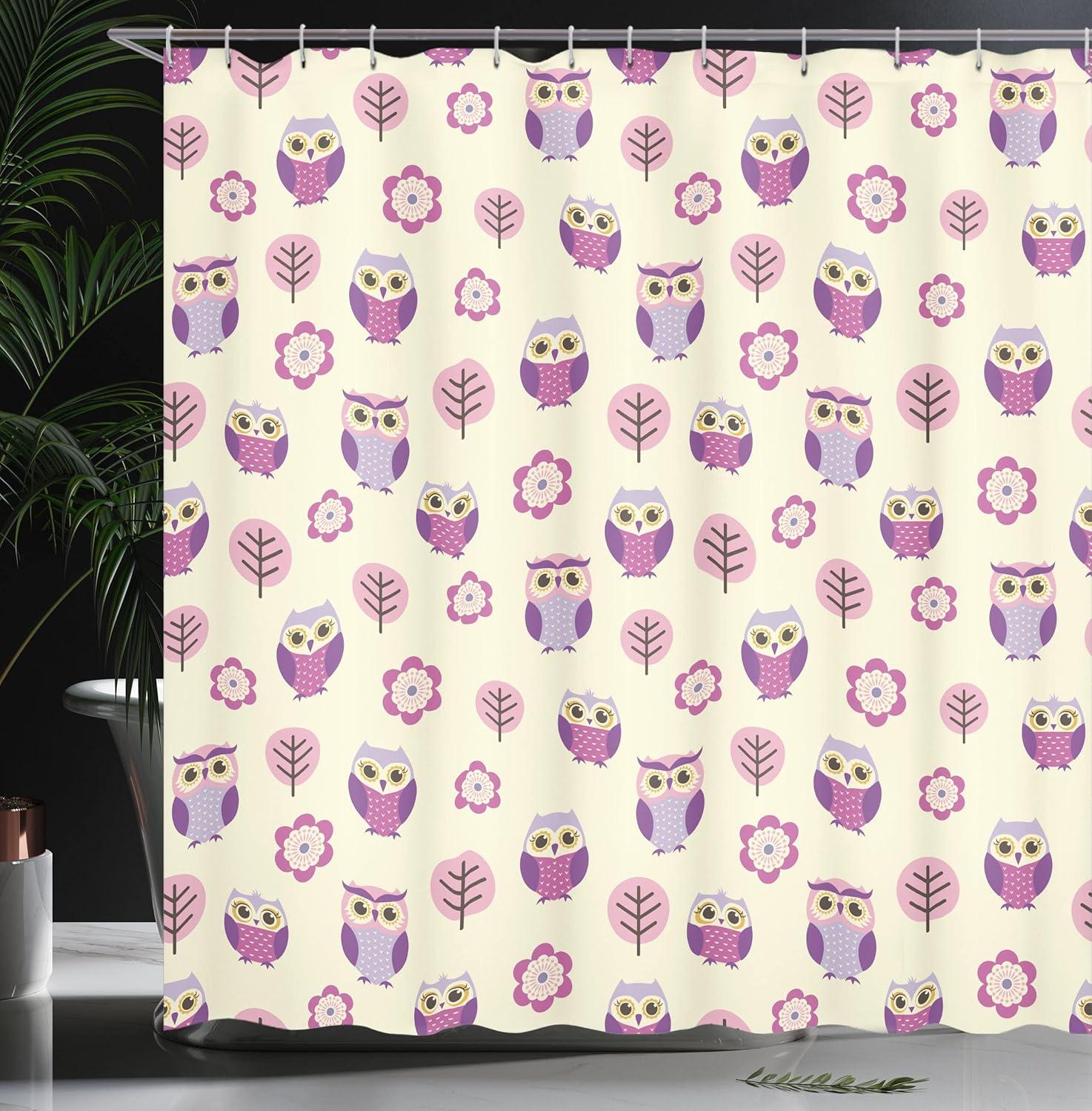 imageAmbesonne Owls Shower Curtain Owl Cartoon Pattern Feminine Soft Colors Happy Springtime Cloth Fabric Bathroom Decor Set with Hooks 69 W x 70 L Rose Pale Yellow PurpleRose Pale Yellow Purple