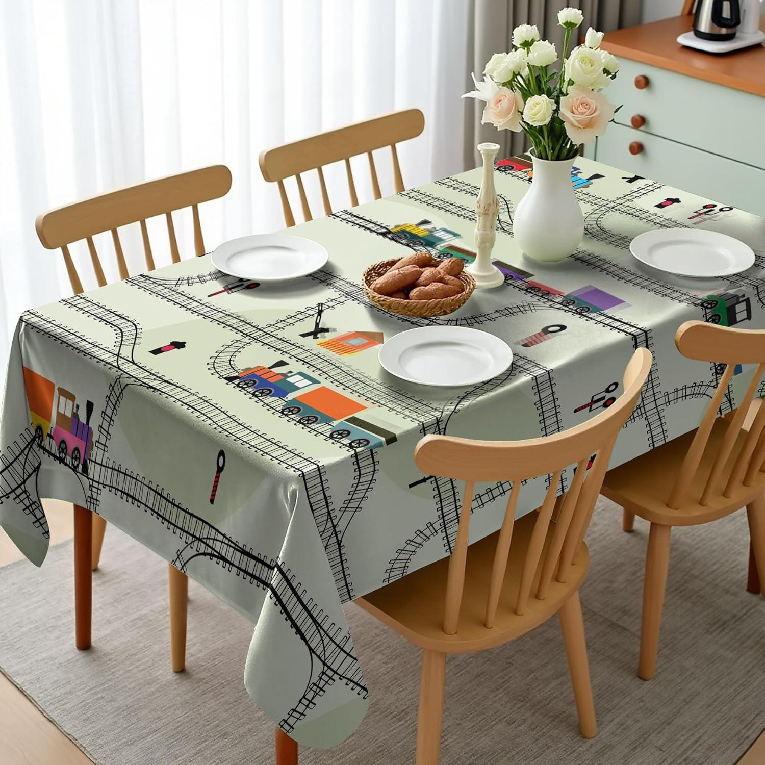 imageAmbesonne Railroad Tablecloth Nursery Style Arrangement of Roads and Trains Locomotives Cartoon Kids Pattern Rectangular Table Cover for Dining Room Kitchen Decor 60 X 90 Pale Green