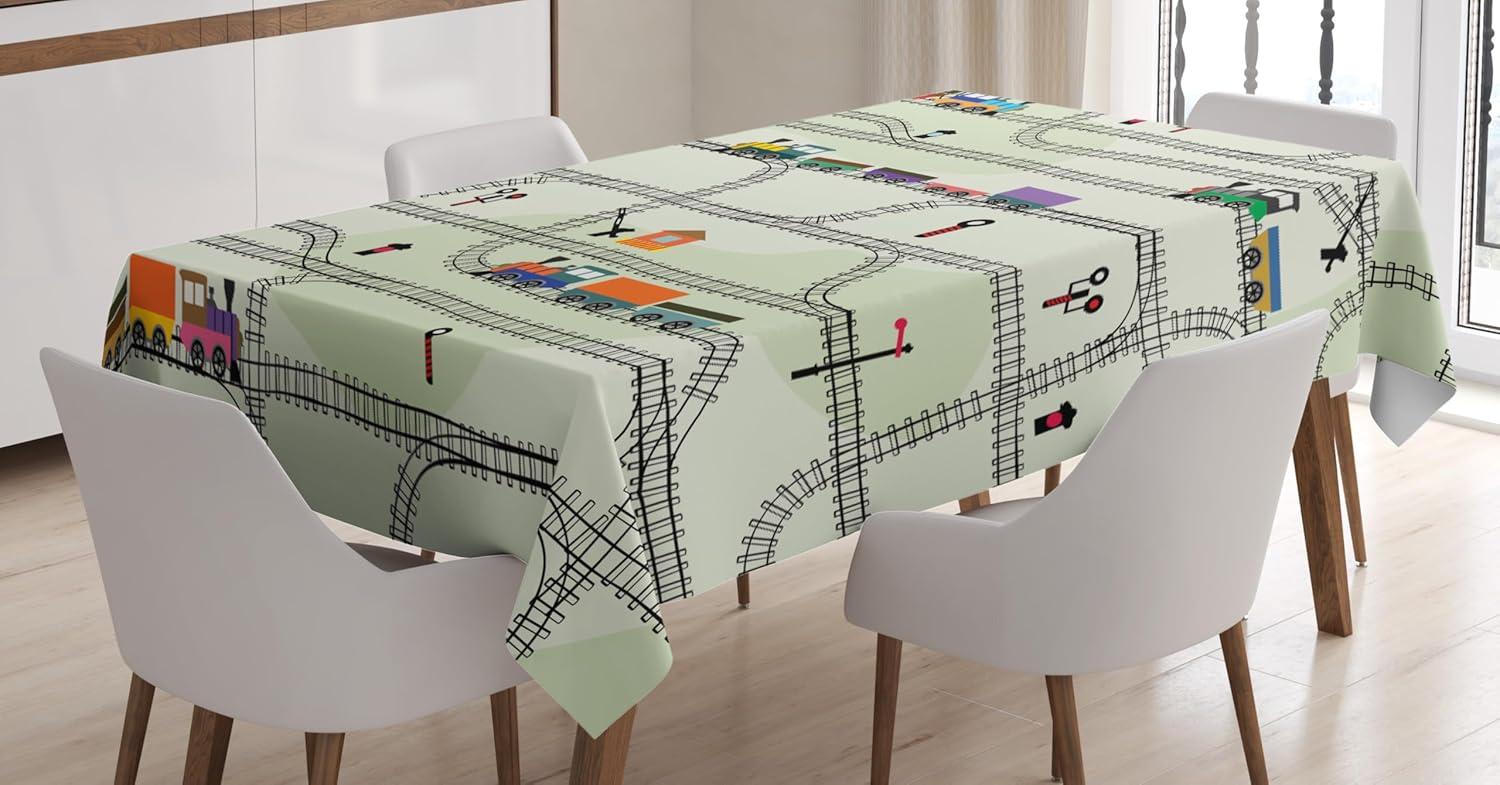 imageAmbesonne Railroad Tablecloth Nursery Style Arrangement of Roads and Trains Locomotives Cartoon Kids Pattern Rectangular Table Cover for Dining Room Kitchen Decor 60 X 90 Pale Green