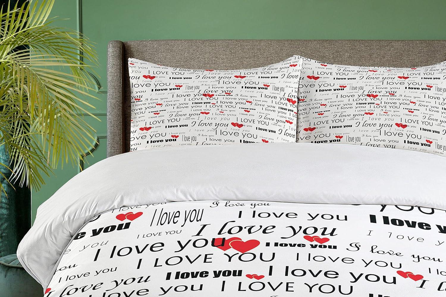 imageAmbesonne Romantic Duvet Cover Set I Love You Words Hearts Romance Couple Valentine Plain Backdrop Decorative 3 Piece Bedding Set with 2 Pillow Shams California King Vermilion Black White