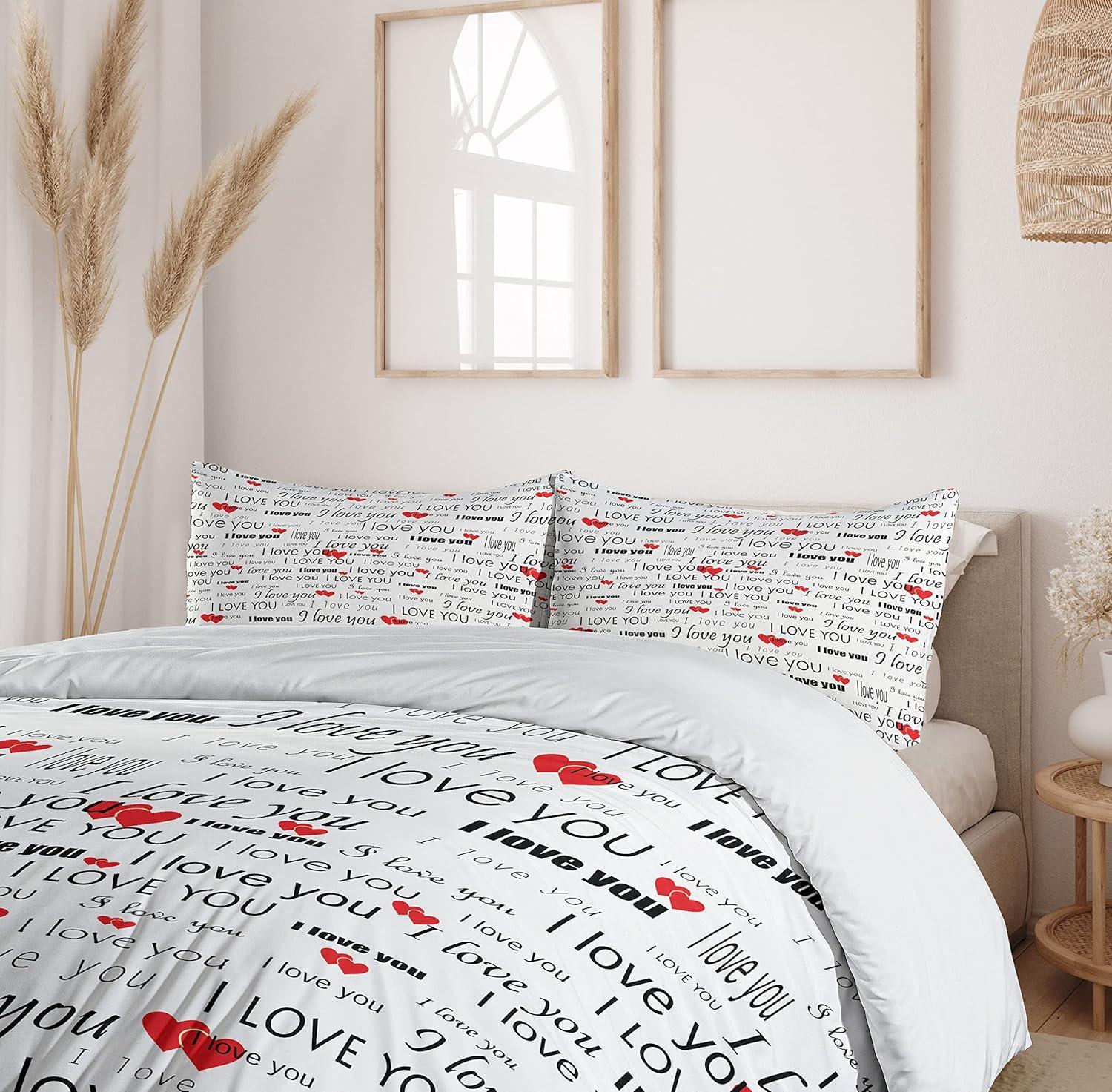imageAmbesonne Romantic Duvet Cover Set I Love You Words Hearts Romance Couple Valentine Plain Backdrop Decorative 3 Piece Bedding Set with 2 Pillow Shams California King Vermilion Black White