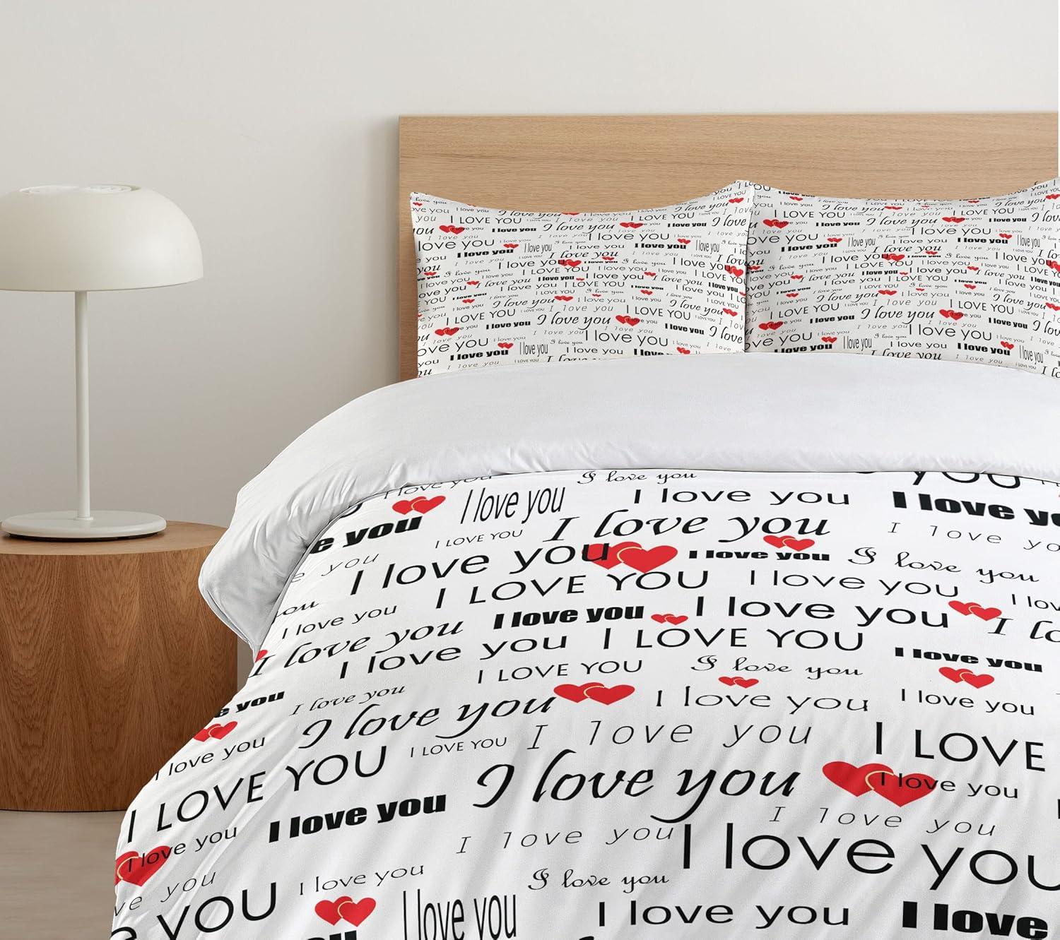 imageAmbesonne Romantic Duvet Cover Set I Love You Words Hearts Romance Couple Valentine Plain Backdrop Decorative 3 Piece Bedding Set with 2 Pillow Shams California King Vermilion Black White