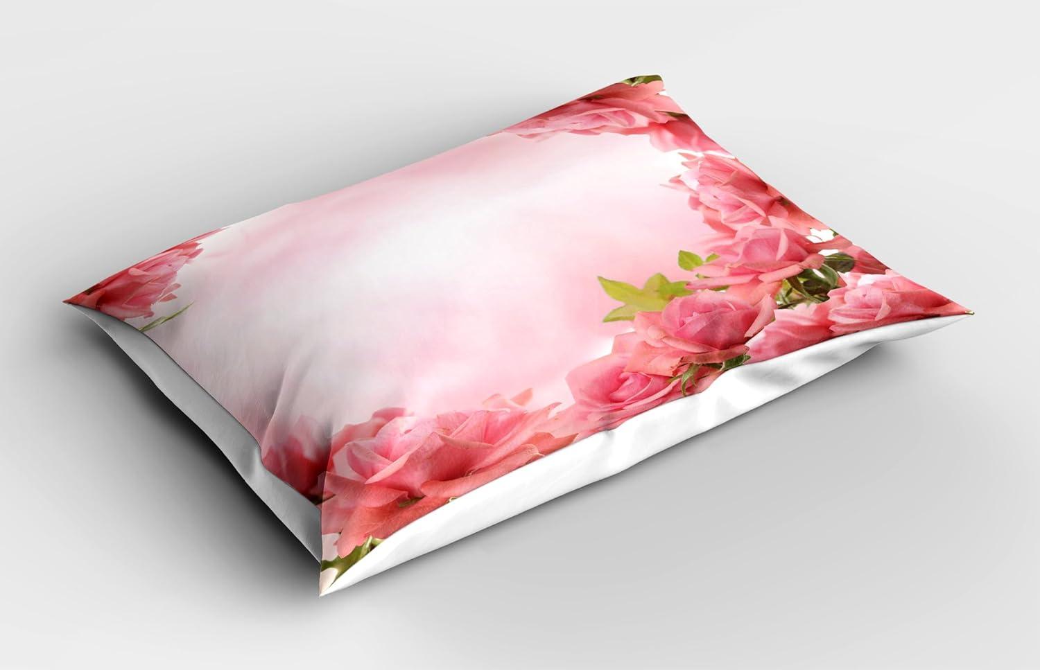 imageAmbesonne Valentine Pillow Sham Set of 2 Framework with Romantic Roses with Leaves Bridal Wedding Marriage Corsage Quality Microfiber Bedding Item for All Seasons 26 x 20 Pink Coral