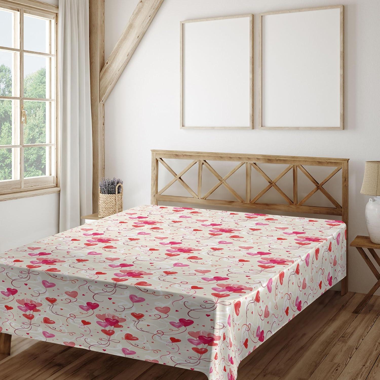 imageAmbesonne Valentines Day Flat Sheet Print of Heart Shaped Balloons Flying Up with Mini Hearts Soft Comfortable Top Sheet Decorative Bedding 1 Piece Queen Size Eggshell VermilionKing