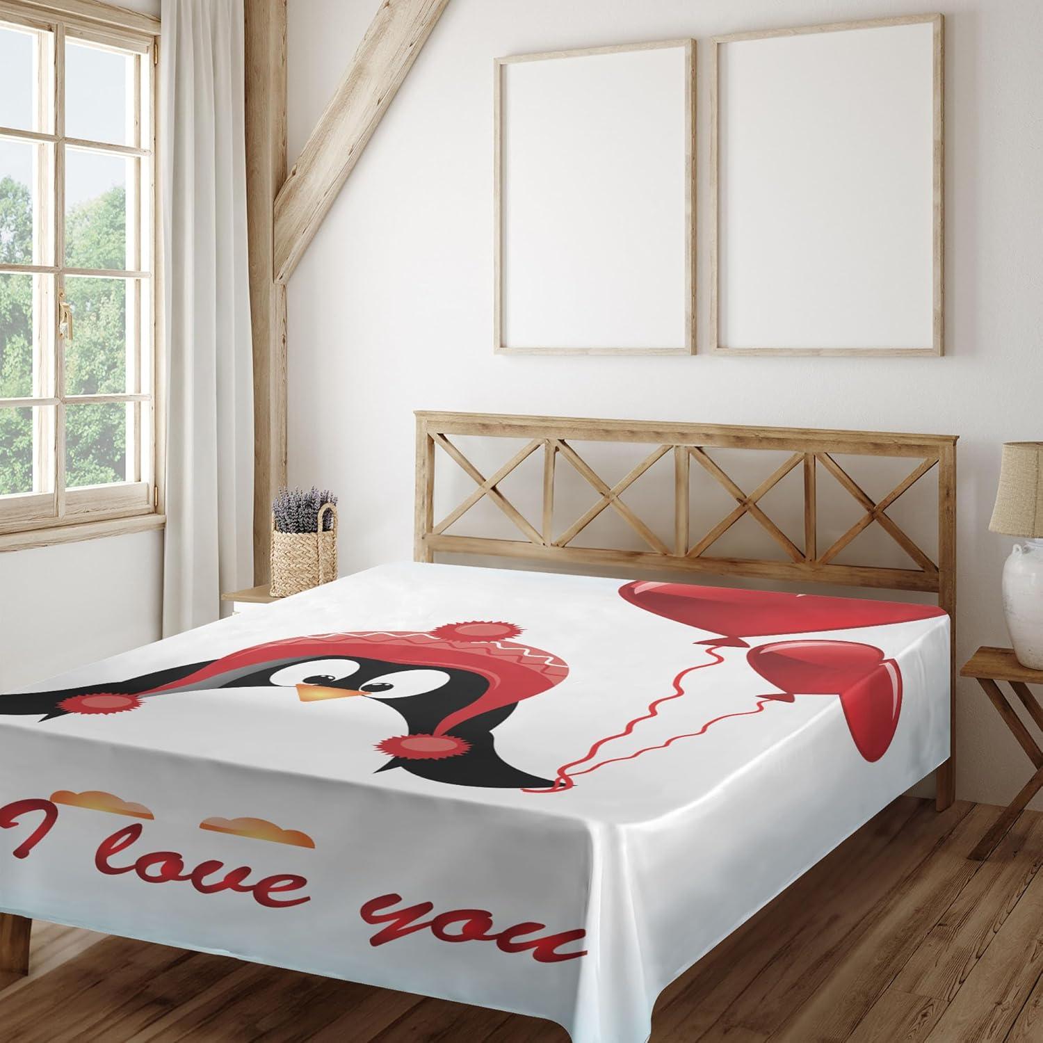 imageAmbesonne Valentines Flat Sheet Happy Birthday Balloons I Love You Lettering Funny Penguin Image Soft Comfortable Top Sheet Decorative Bedding 1 Piece Full Size Pale Blue Black Red
